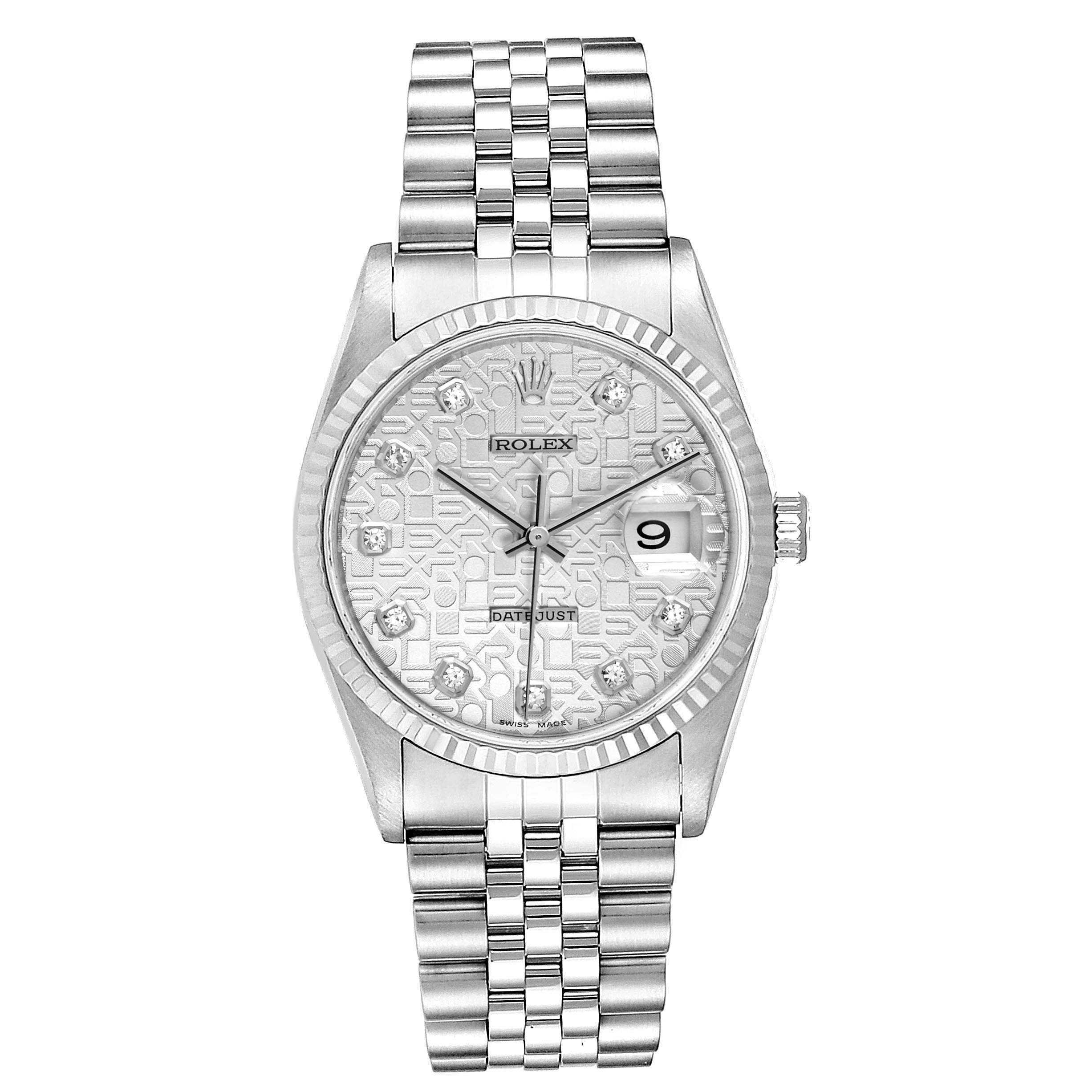 The image shows a front view of a Rolex Datejust 16234 Men's Stainless Steel Silver Dial 16234 Men's Stainless Steel Silver Dial watch, displaying its dial, bracelet, and fluted bezel.