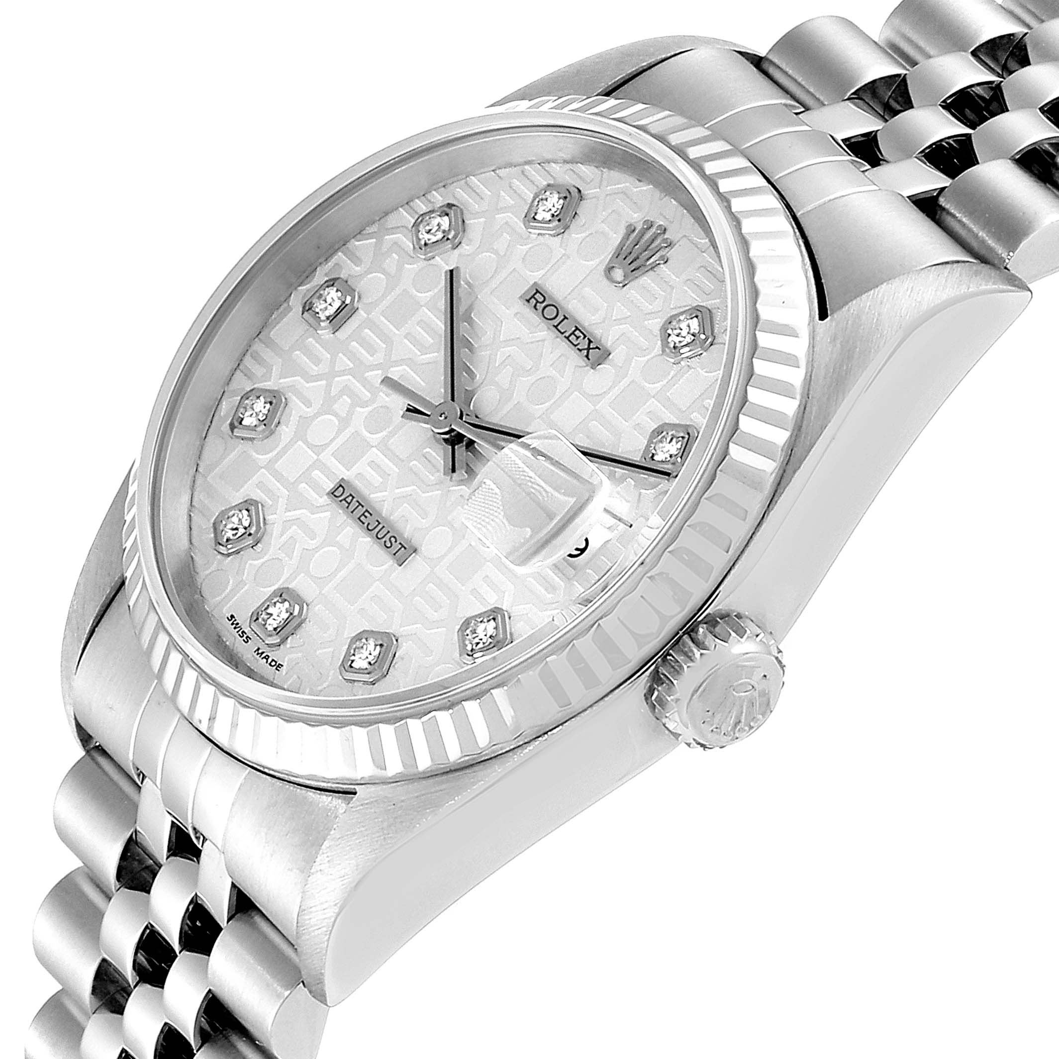 The image shows a Rolex Datejust 16234 Men's Stainless Steel Silver Dial 16234 Men's Stainless Steel Silver Dial watch at a slight angle, highlighting the dial, fluted bezel, crown, and bracelet.