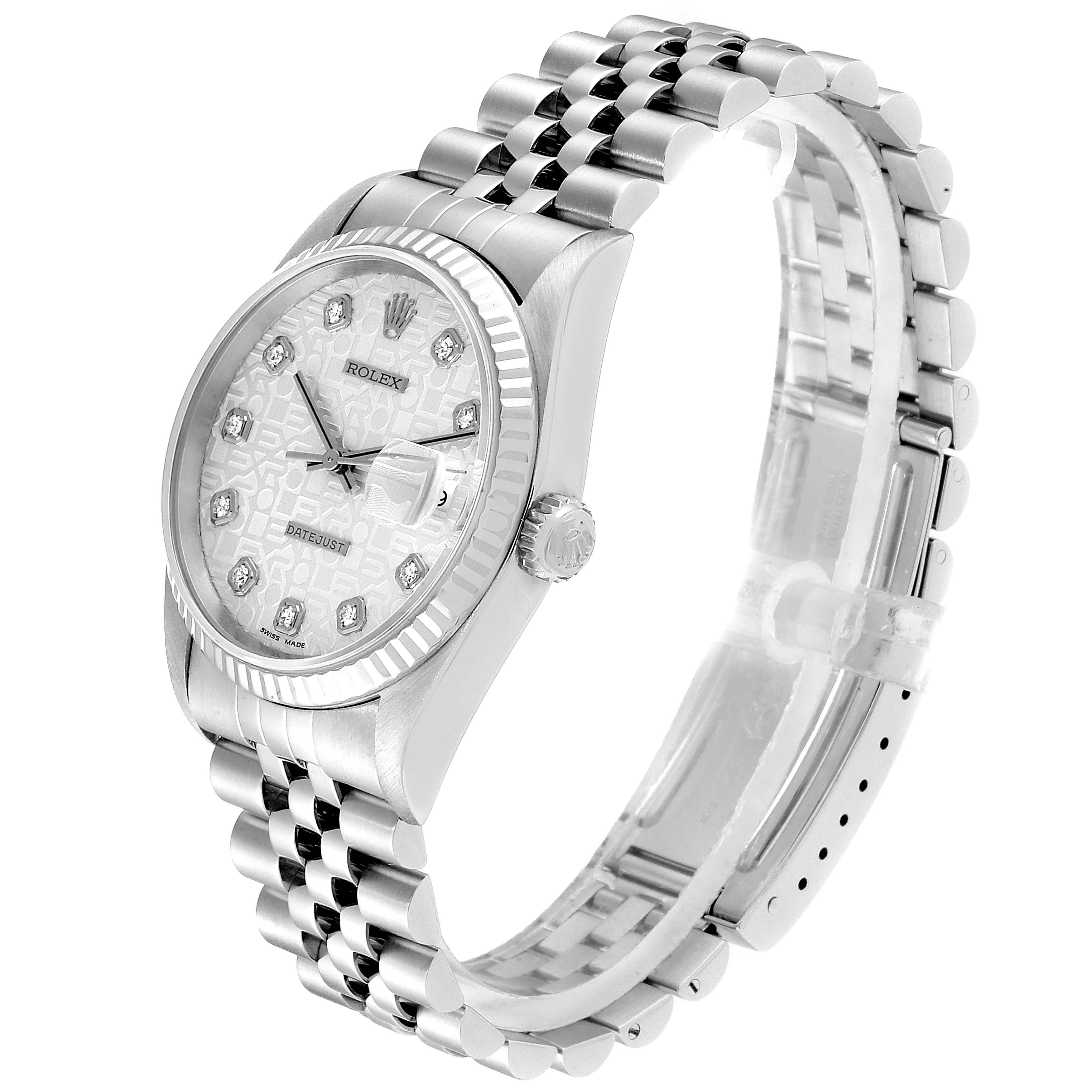 This image shows a Rolex Datejust 16234 Men's Stainless Steel Silver Dial 16234 Men's Stainless Steel Silver Dial watch at a 3/4 angle highlighting the face, crown, and Jubilee bracelet.