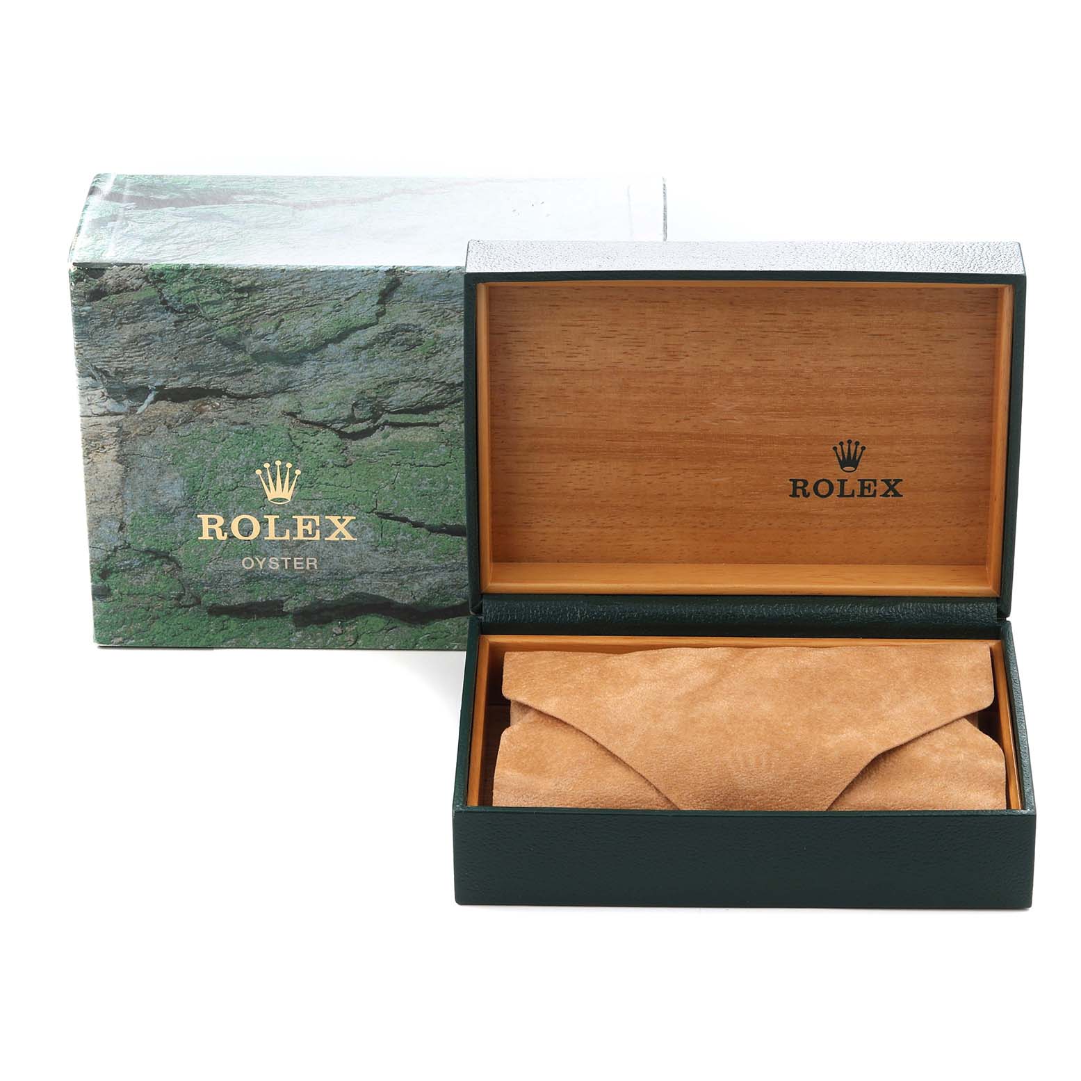 The image shows a Rolex Datejust 16234 Men's Stainless Steel Silver Dial 16234 Men's Stainless Steel Silver Dial watch box, including an outer box and an inner box with a suede pouch, viewed from above.