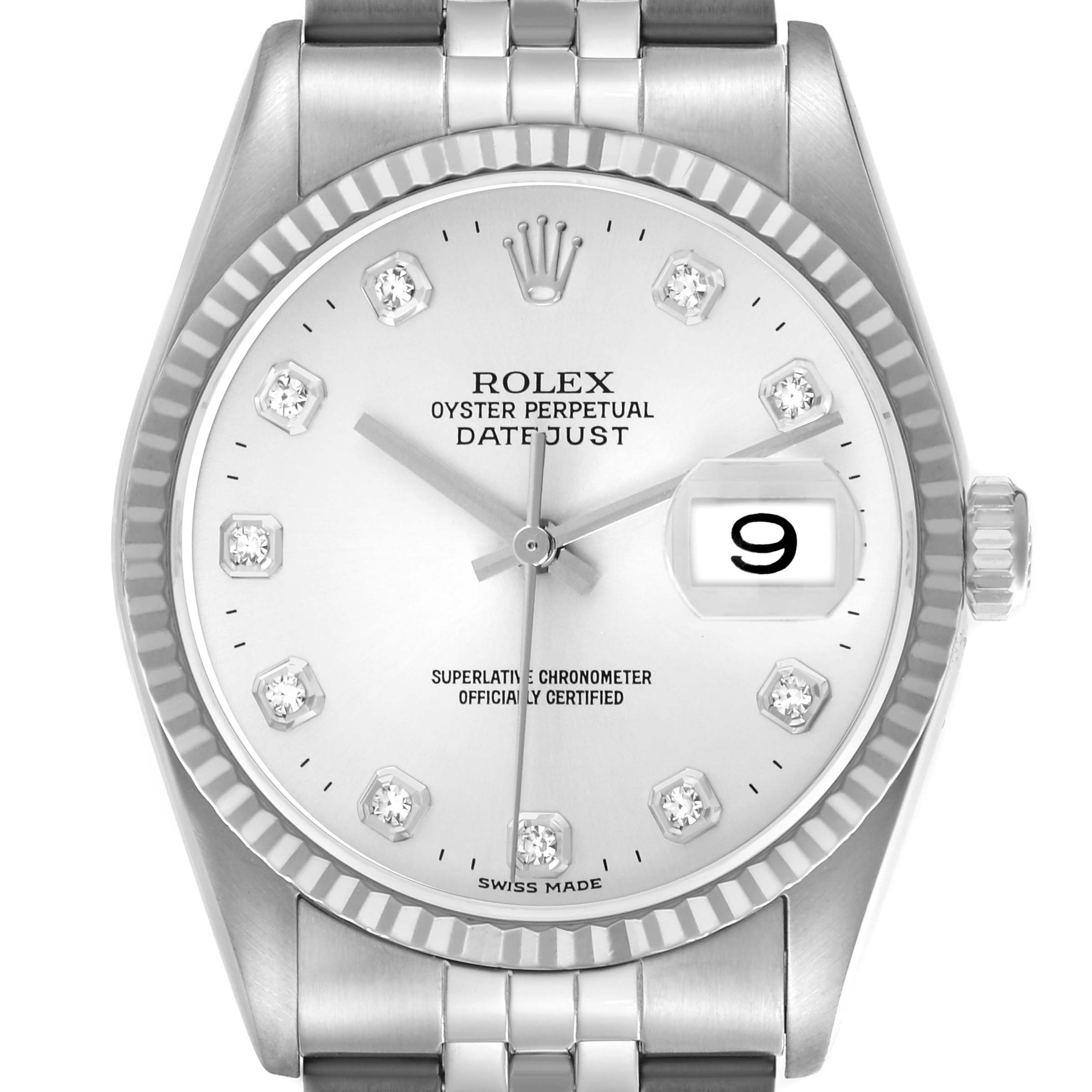 The Rolex Datejust 16234 Men's Stainless Steel Silver Dial 16234 Men's Stainless Steel Silver Dial watch is shown from a front angle, highlighting its bezel, crown, and dial with diamond hour markers.