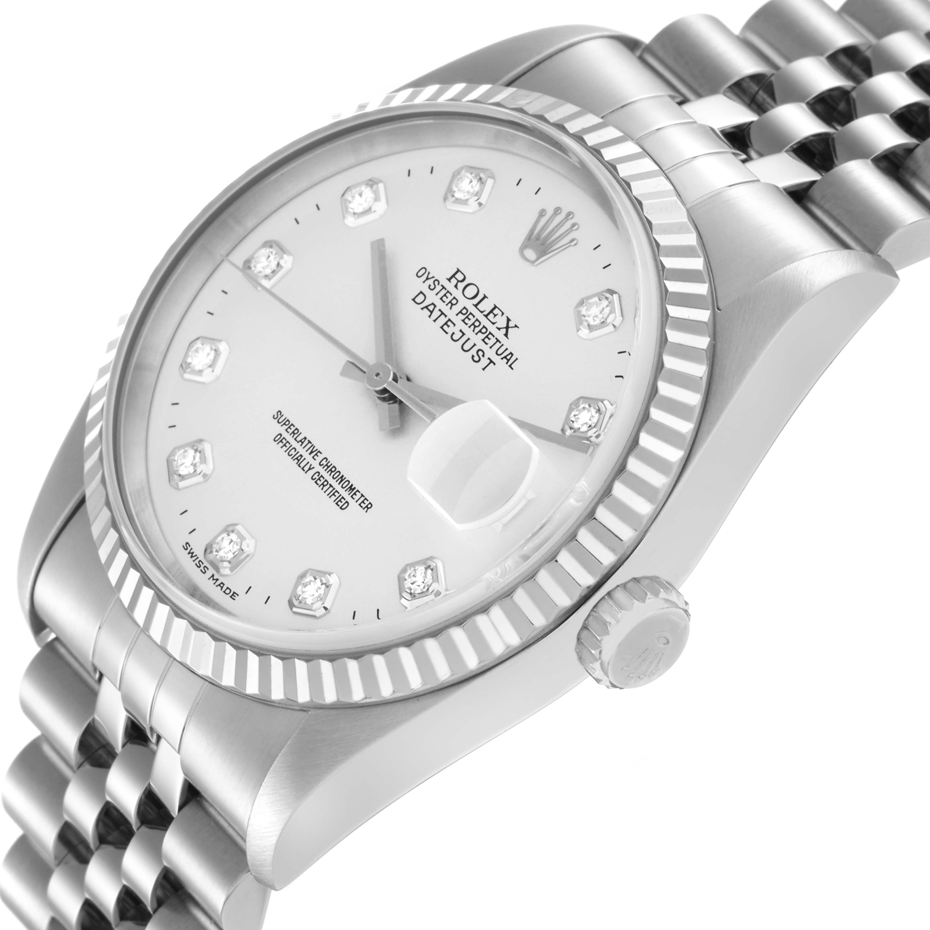 The Rolex Datejust 16234 Men's Stainless Steel Silver Dial 16234 Men's Stainless Steel Silver Dial watch is shown at an angled close-up, highlighting the dial, bezel, and part of the bracelet.