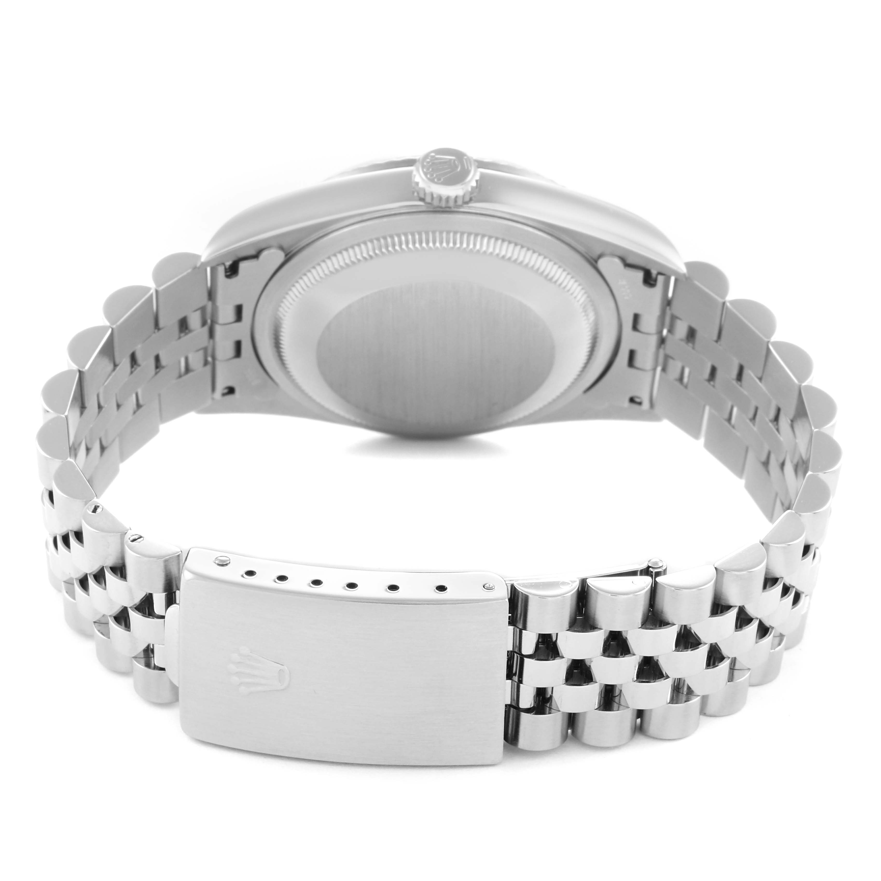 The Rolex Datejust 16234 Men's Stainless Steel Silver Dial 16234 Men's Stainless Steel Silver Dial watch is shown from the back, highlighting the case, bracelet, and clasp with the Rolex crown logo.