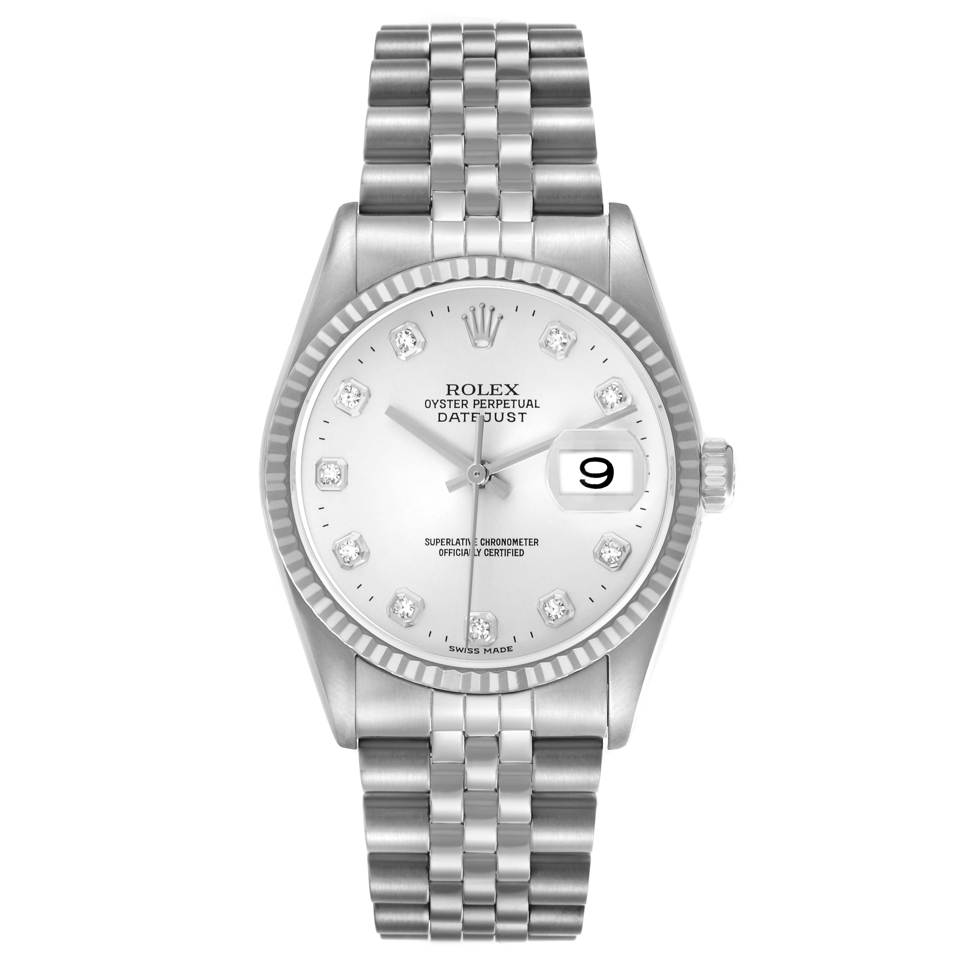 The Rolex Datejust 16234 Men's Stainless Steel Silver Dial 16234 Men's Stainless Steel Silver Dial watch is shown from a top-down angle, displaying the dial, bezel, and bracelet.