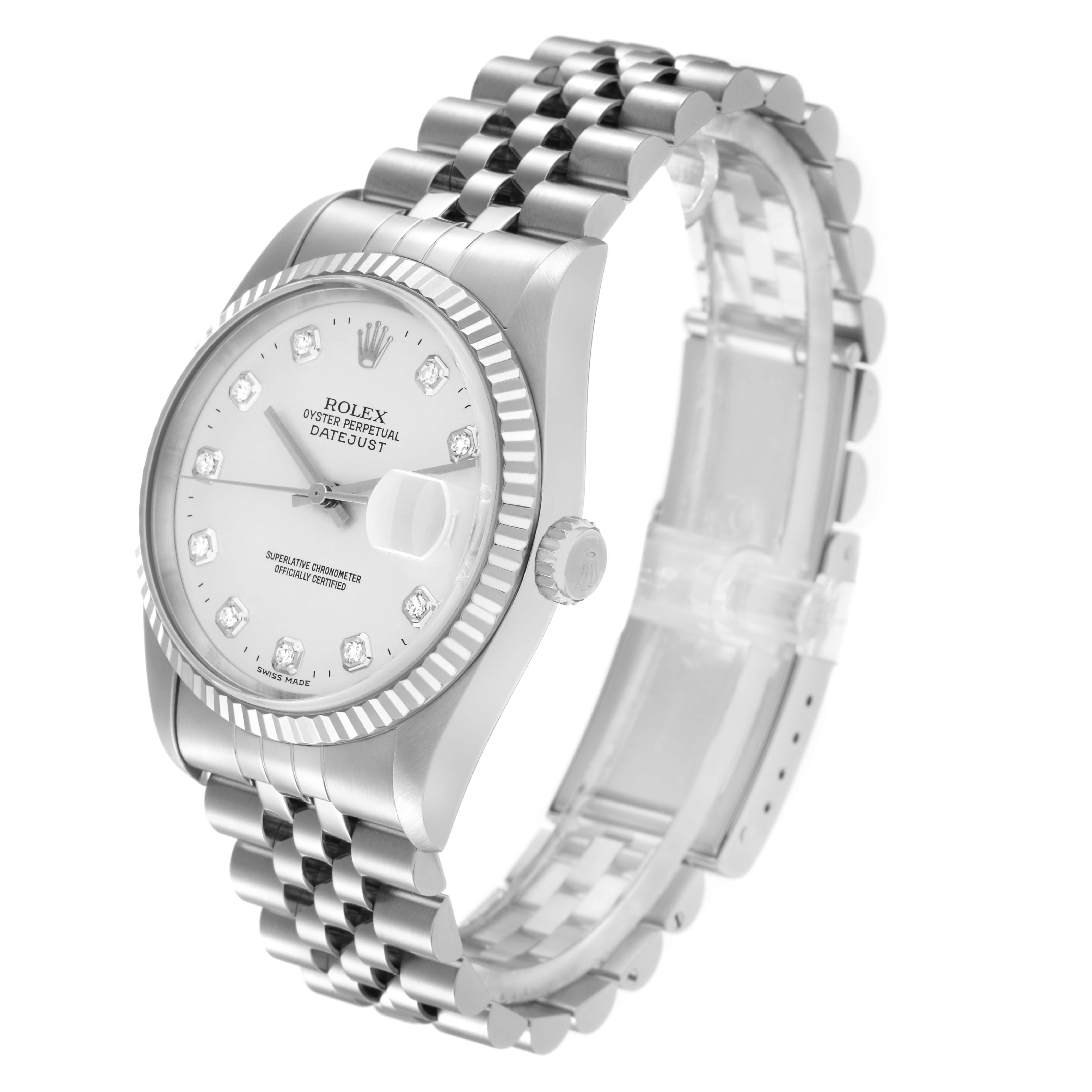 The Rolex Datejust 16234 Men's Stainless Steel Silver Dial 16234 Men's Stainless Steel Silver Dial watch is shown at a slight angle, highlighting the face, bezel, crown, and Jubilee bracelet.