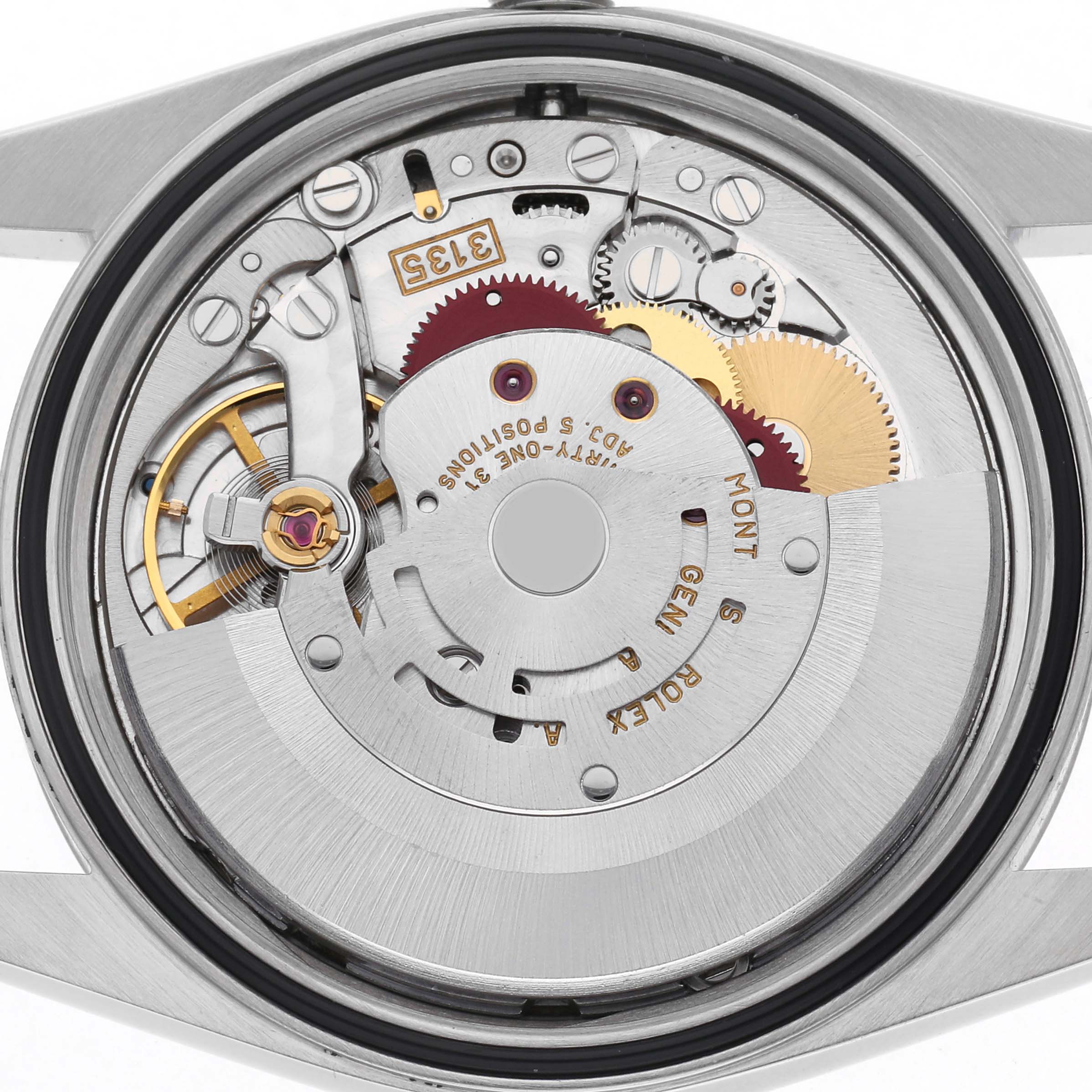 The image shows the movement of a Rolex Datejust 16234 Men's Stainless Steel Silver Dial 16234 Men's Stainless Steel Silver Dial watch from a top-down angle, highlighting its intricate gears and mechanisms.