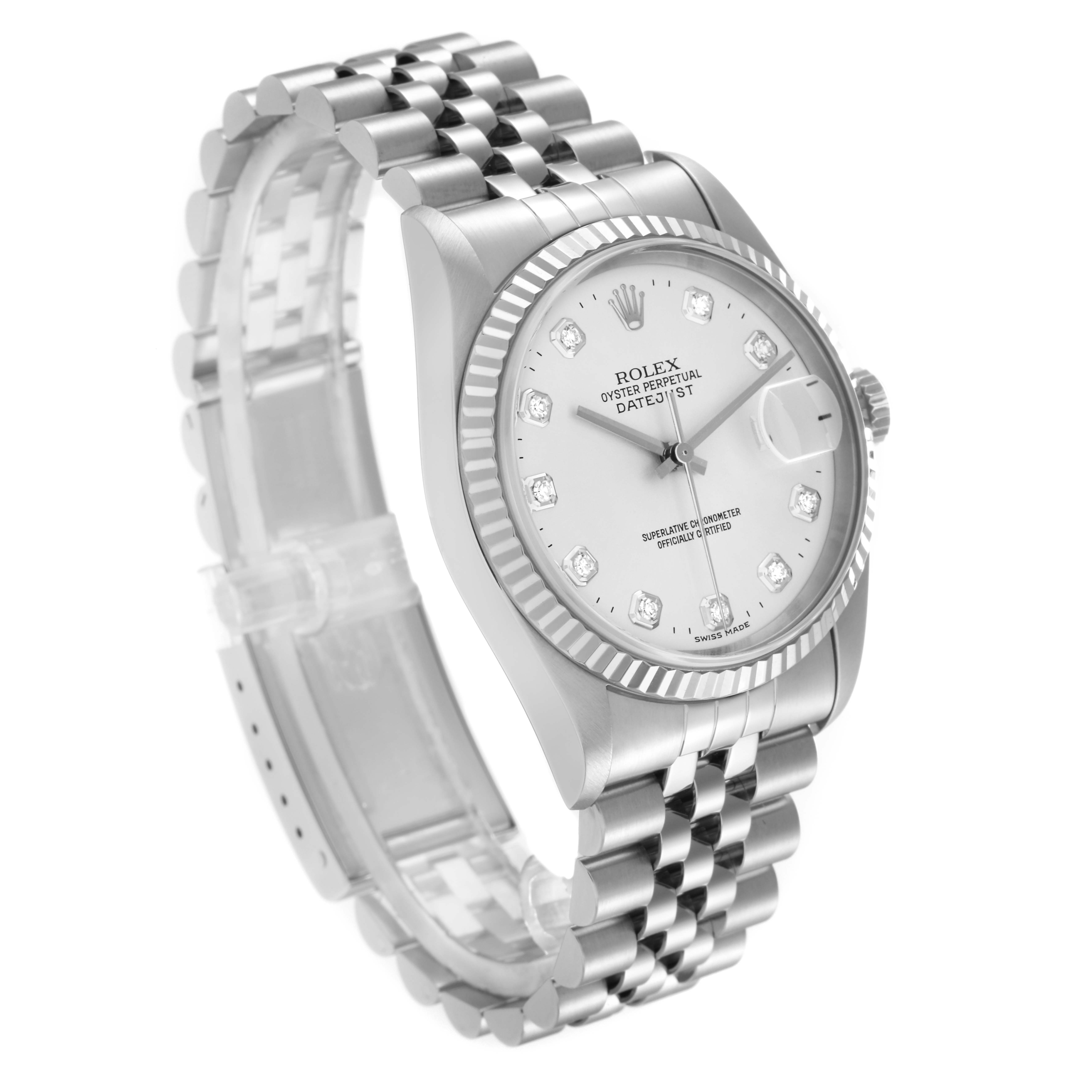 The Rolex Datejust 16234 Men's Stainless Steel Silver Dial 16234 Men's Stainless Steel Silver Dial watch is shown at a three-quarter angle, highlighting its face, fluted bezel, bracelet, and crown.