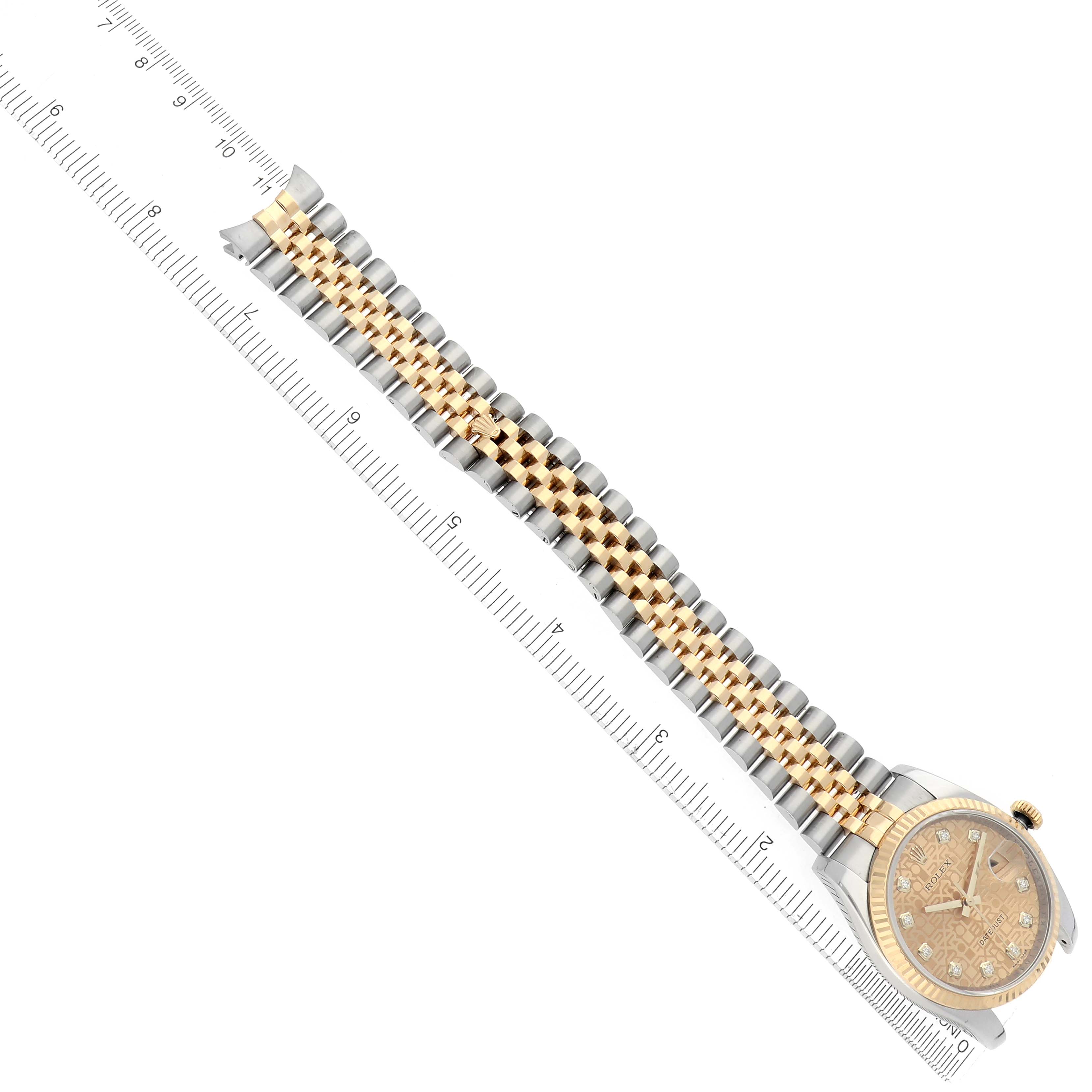 The Rolex Datejust 116233 Men's Steel and Gold (two tone) Champagne Dial 116233 Men's Steel and Gold (two tone) Champagne Dial watch is shown from an oblique angle, highlighting the dial, bezel, and two-tone bracelet.