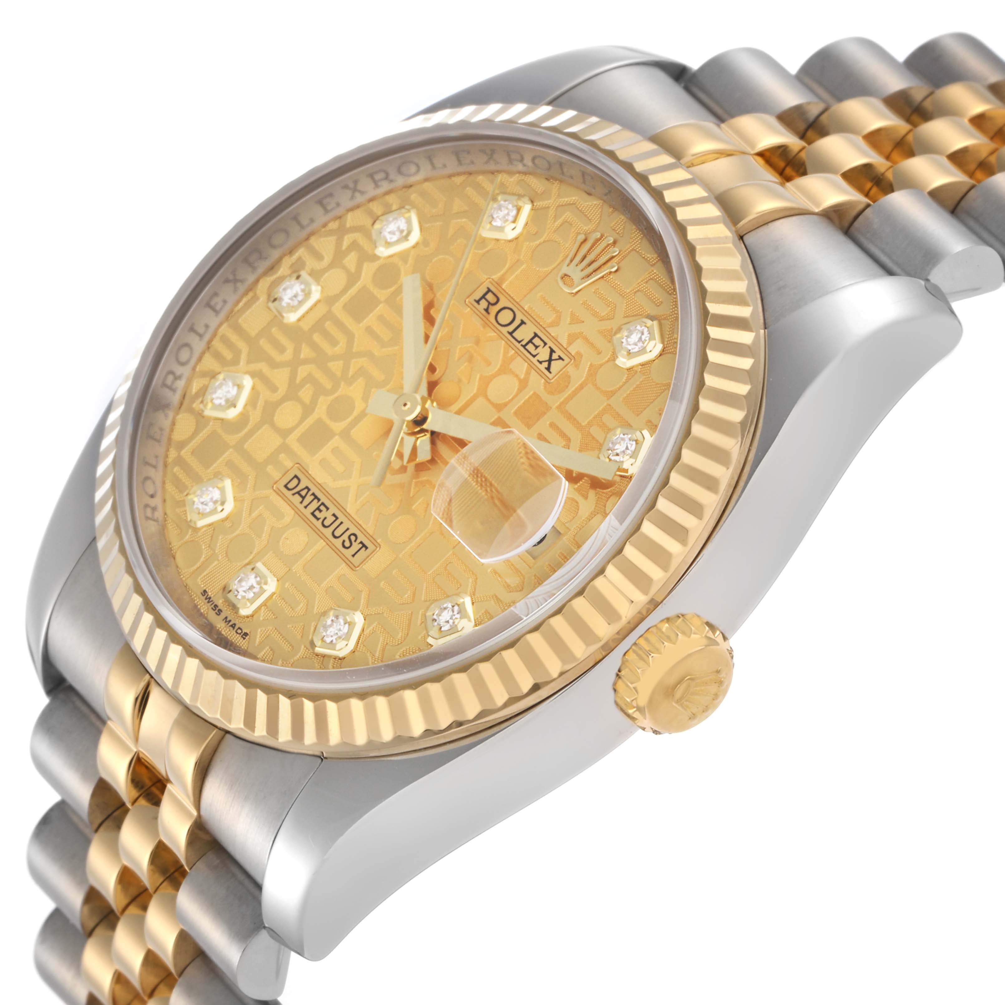 The Rolex Datejust 116233 Men's Steel and Gold (two tone) Champagne Dial 116233 Men's Steel and Gold (two tone) Champagne Dial watch is shown at an angled side view, highlighting its gold and silver bracelet, gold dial, and fluted bezel.