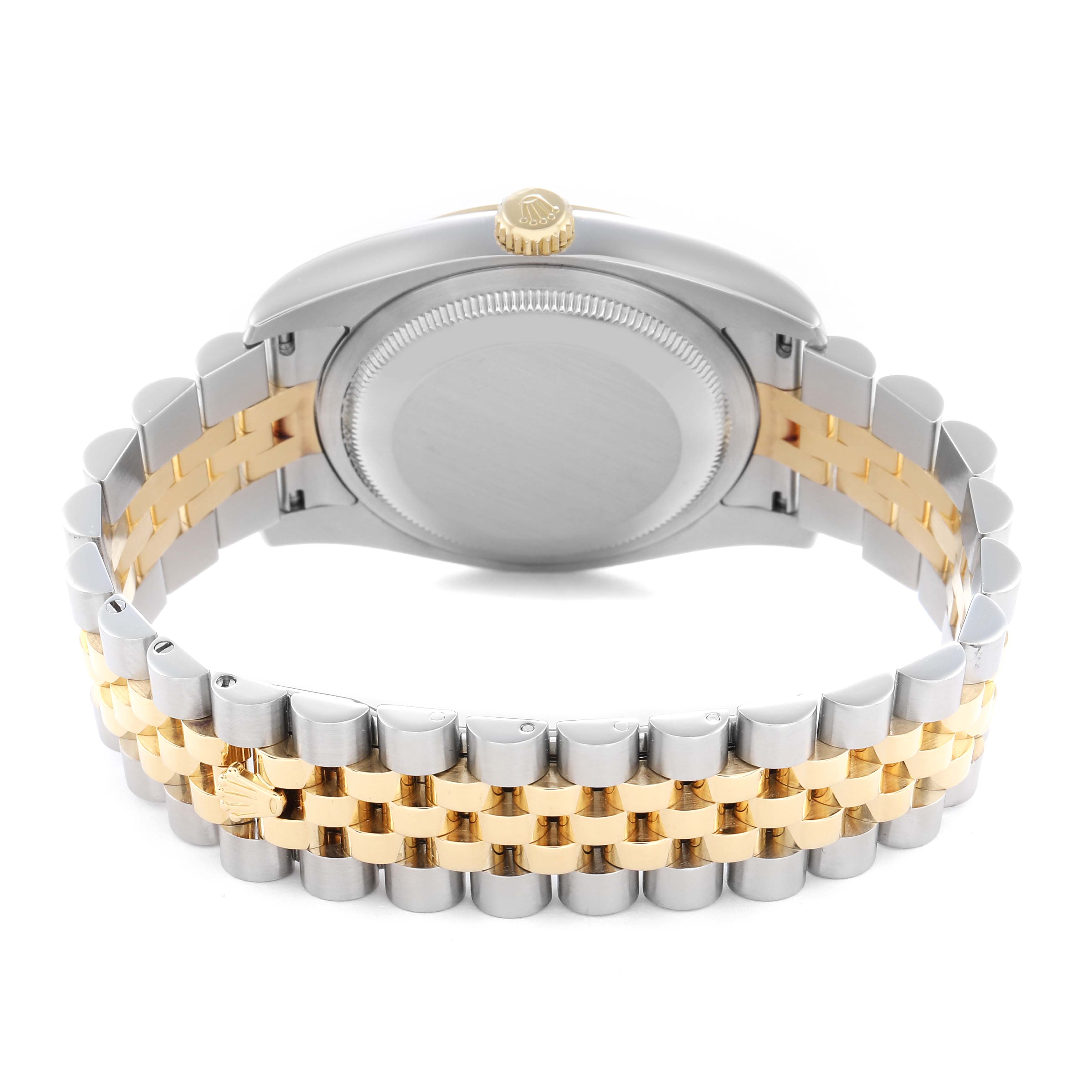 The image shows the back of a Rolex Datejust 116233 Men's Steel and Gold (two tone) Champagne Dial 116233 Men's Steel and Gold (two tone) Champagne Dial watch, highlighting the two-tone Jubilee bracelet and the caseback.