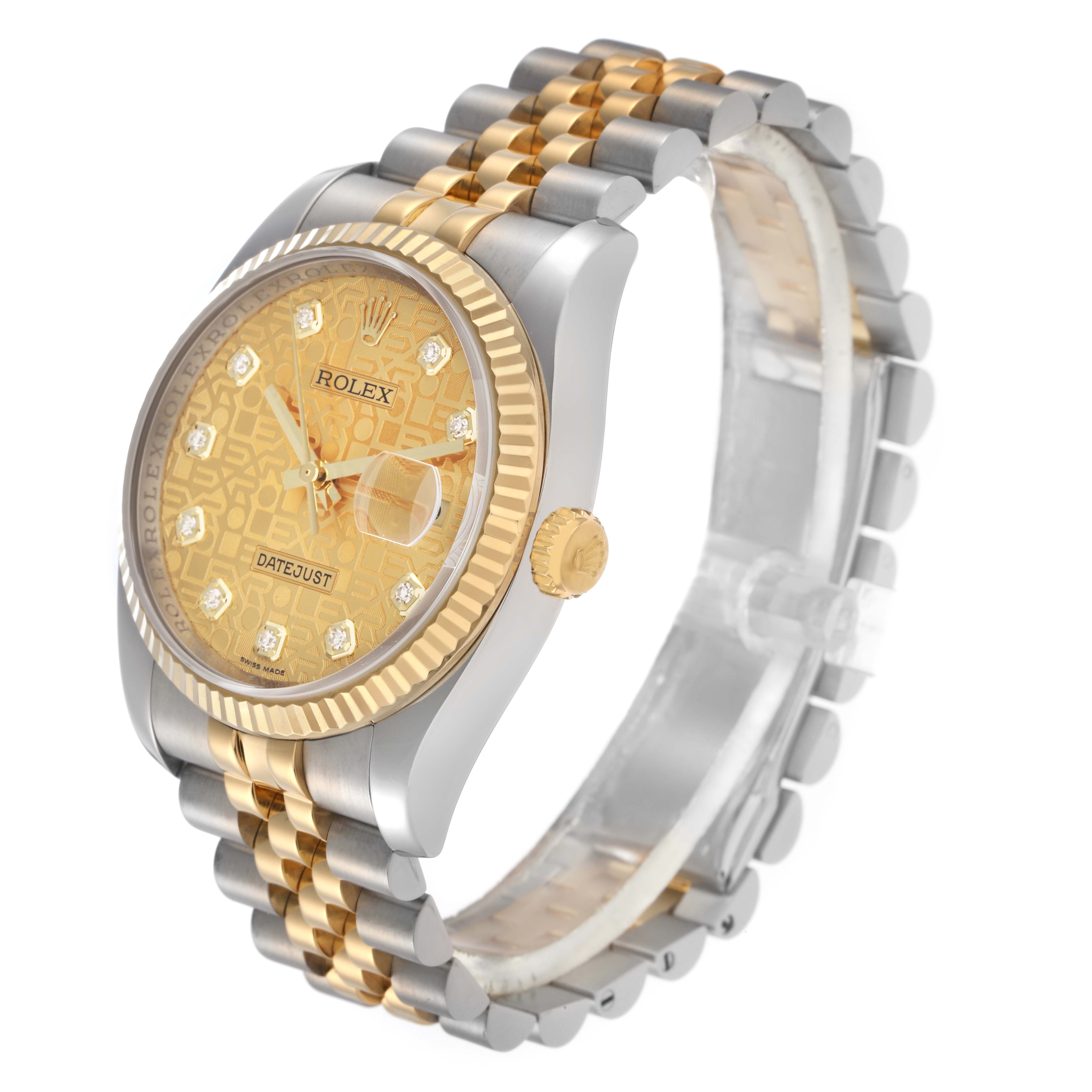 The Rolex Datejust 116233 Men's Steel and Gold (two tone) Champagne Dial 116233 Men's Steel and Gold (two tone) Champagne Dial watch is shown at a slight side angle, highlighting the dial, bezel, crown, and bracelet.
