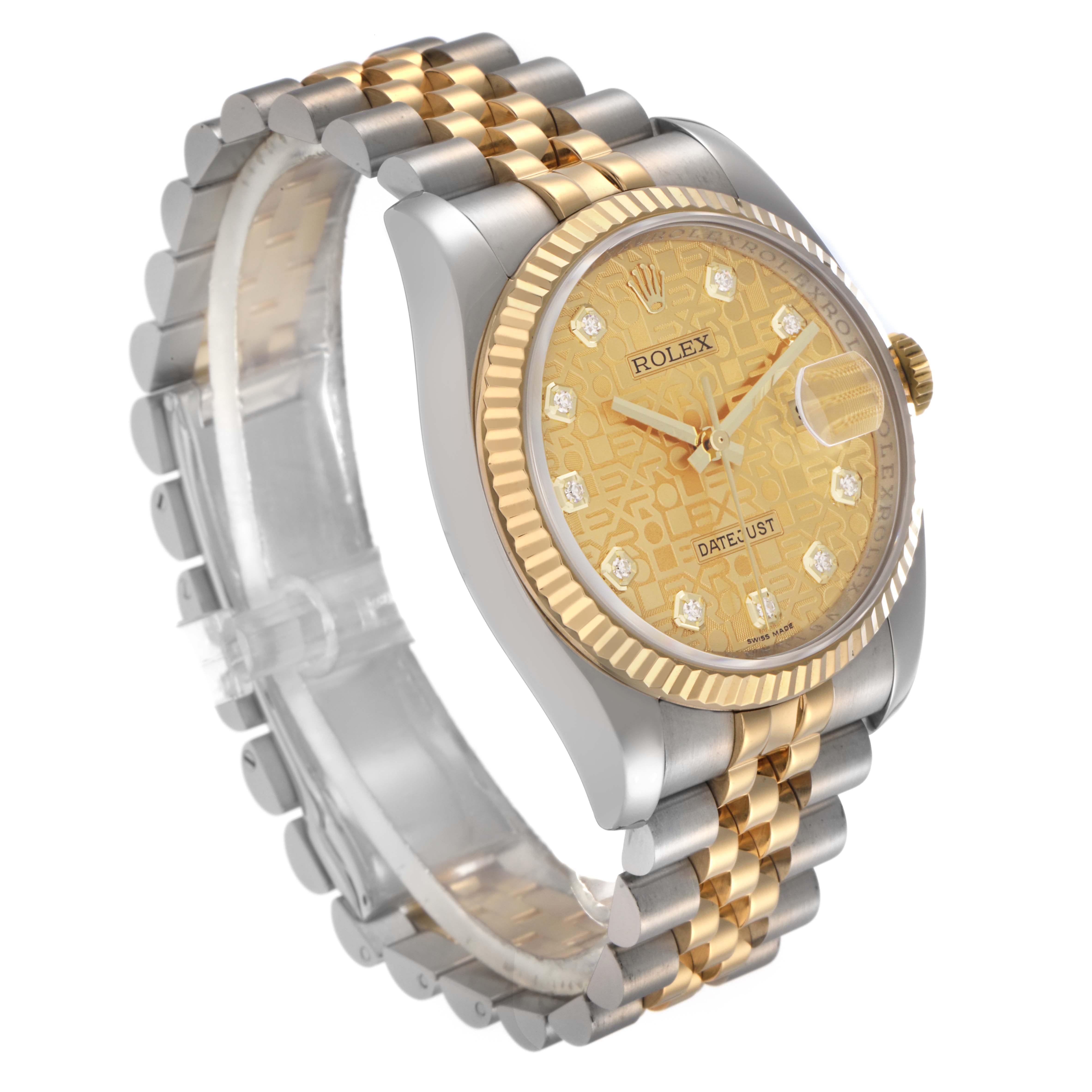 The Rolex Datejust 116233 Men's Steel and Gold (two tone) Champagne Dial 116233 Men's Steel and Gold (two tone) Champagne Dial watch is shown at a three-quarter angle, highlighting the dial, bezel, and two-tone bracelet.