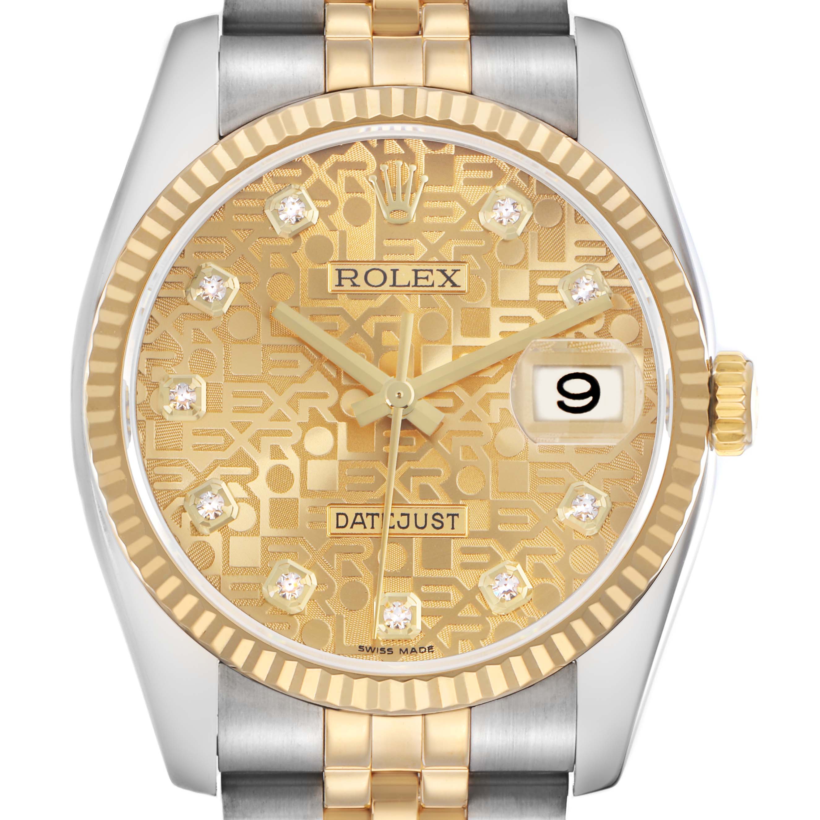 The Rolex Datejust 116233 Men's Steel and Gold (two tone) Champagne Dial 116233 Men's Steel and Gold (two tone) Champagne Dial watch is shown from a front angle, highlighting the dial, hands, fluted bezel, and jubilee bracelet.