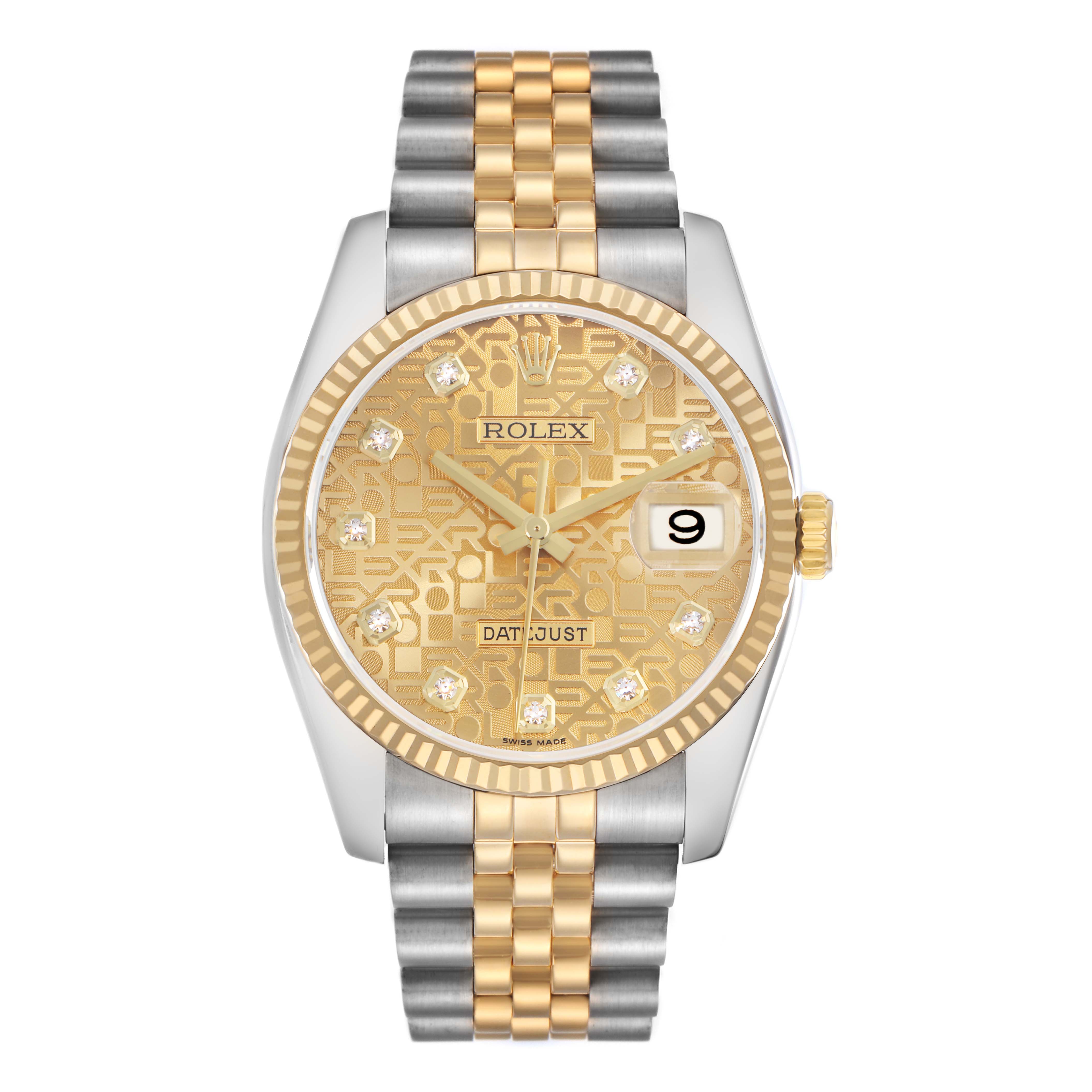 The Rolex Datejust 116233 Men's Steel and Gold (two tone) Champagne Dial 116233 Men's Steel and Gold (two tone) Champagne Dial watch is shown from a top-down angle, displaying the bracelet, bezel, dial, hands, markers, and date window.