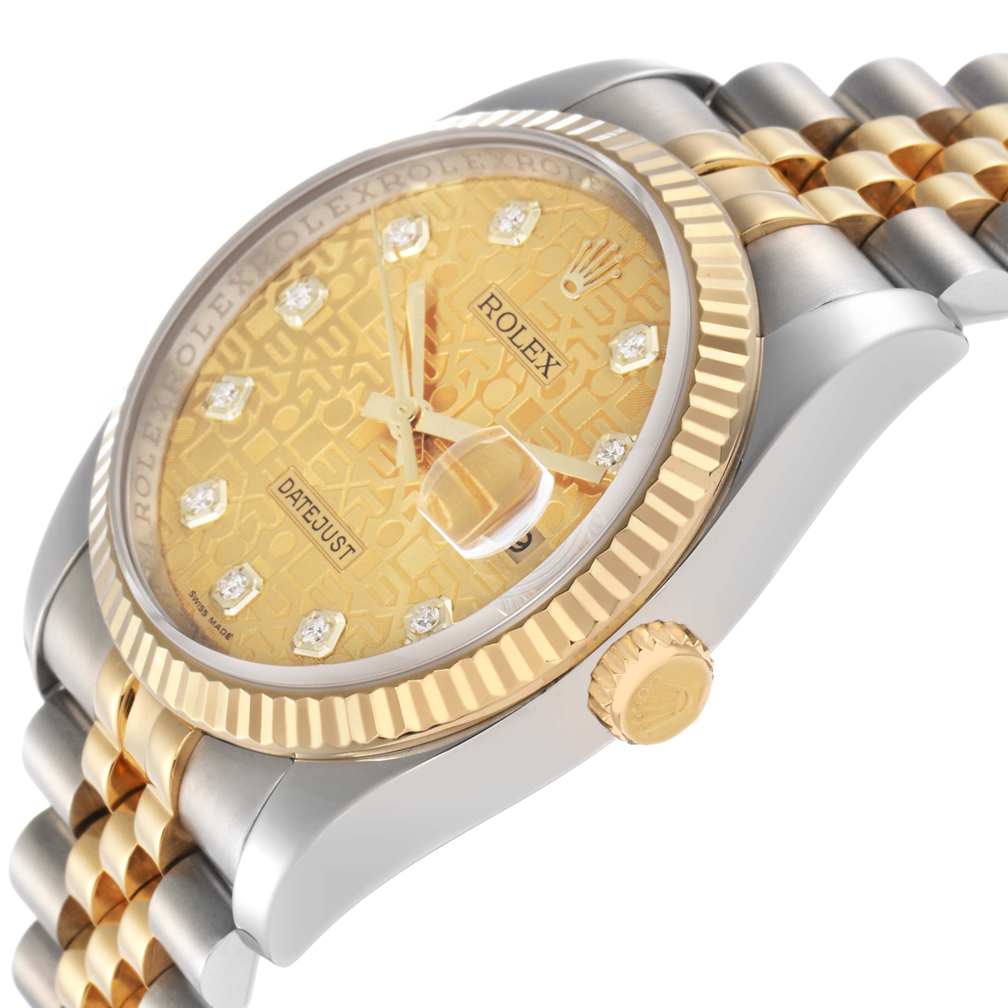 The Rolex Datejust 116233 Men's Steel and Gold (two tone) Champagne Dial 116233 Men's Steel and Gold (two tone) Champagne Dial watch is shown at a side angle highlighting the dial, fluted bezel, crown, and part of the bracelet.