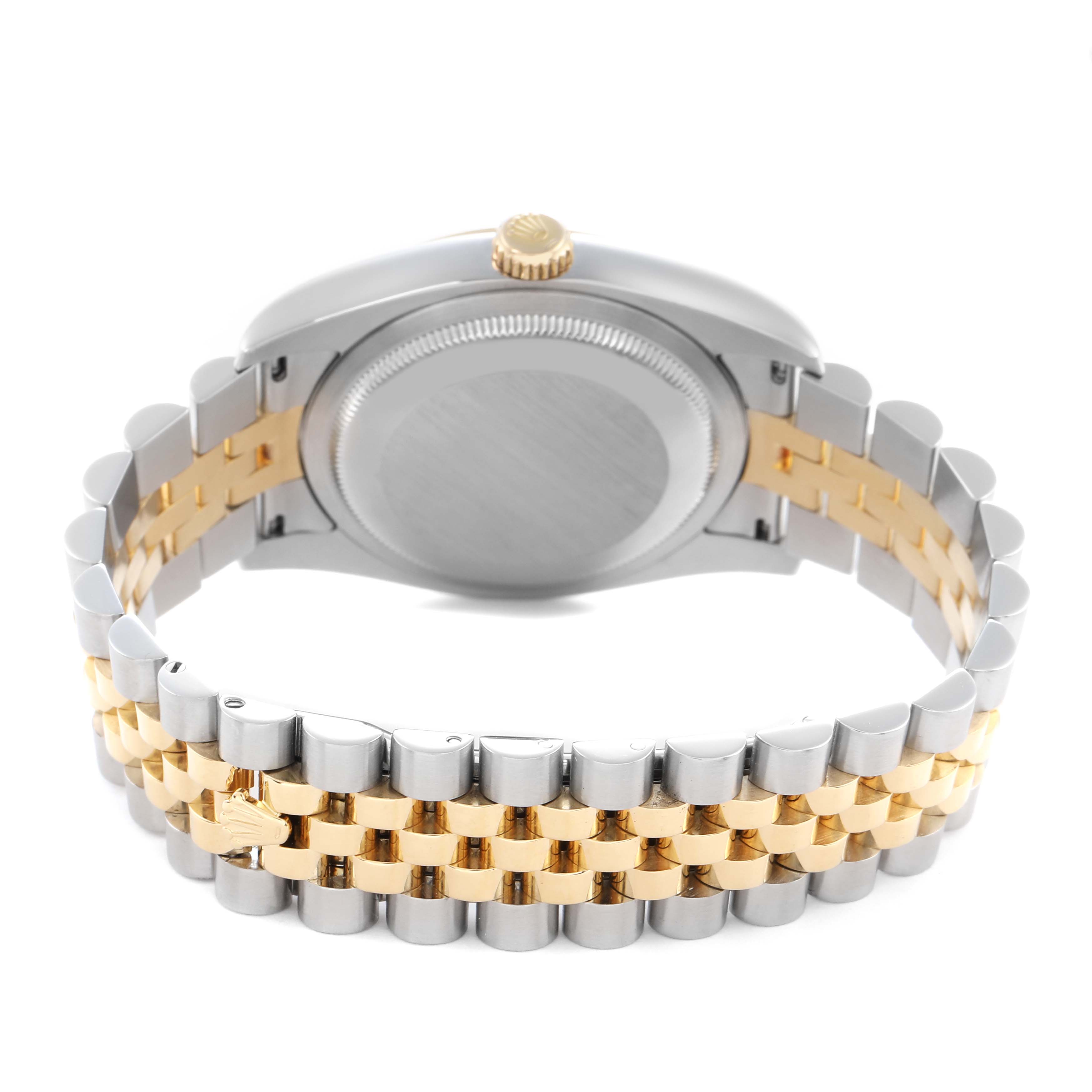 The image shows the back of a Rolex Datejust 116233 Men's Steel and Gold (two tone) Champagne Dial 116233 Men's Steel and Gold (two tone) Champagne Dial watch with a two-tone metal bracelet and closed clasp.