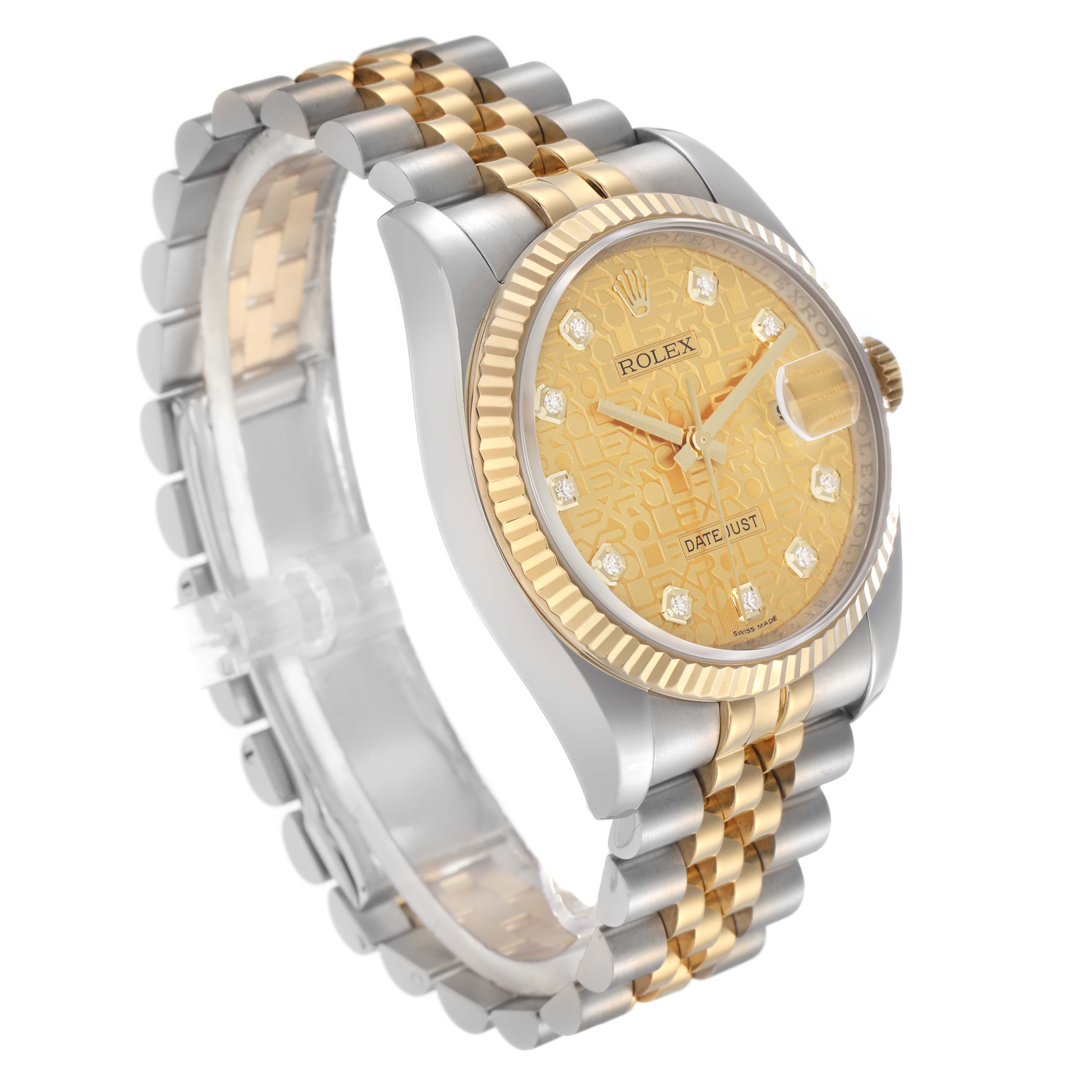 The Rolex Datejust 116233 Men's Steel and Gold (two tone) Champagne Dial 116233 Men's Steel and Gold (two tone) Champagne Dial watch is shown at a 3/4 angle, highlighting the gold bezel, face, and two-tone bracelet.