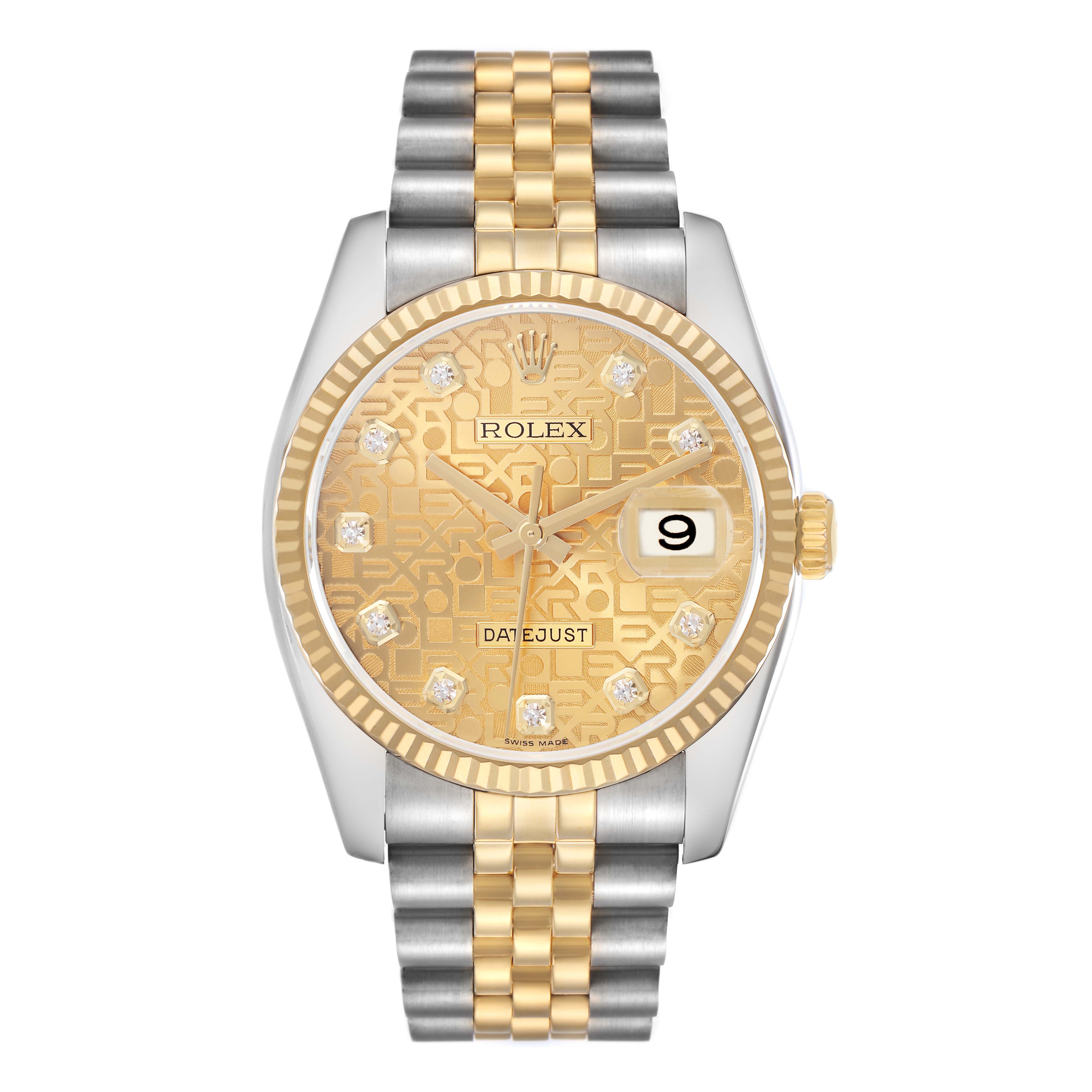 The Rolex Datejust 116233 Men's Steel and Gold (two tone) Champagne Dial 116233 Men's Steel and Gold (two tone) Champagne Dial is shown from a front angle, displaying the dial, bezel, and two-tone bracelet.