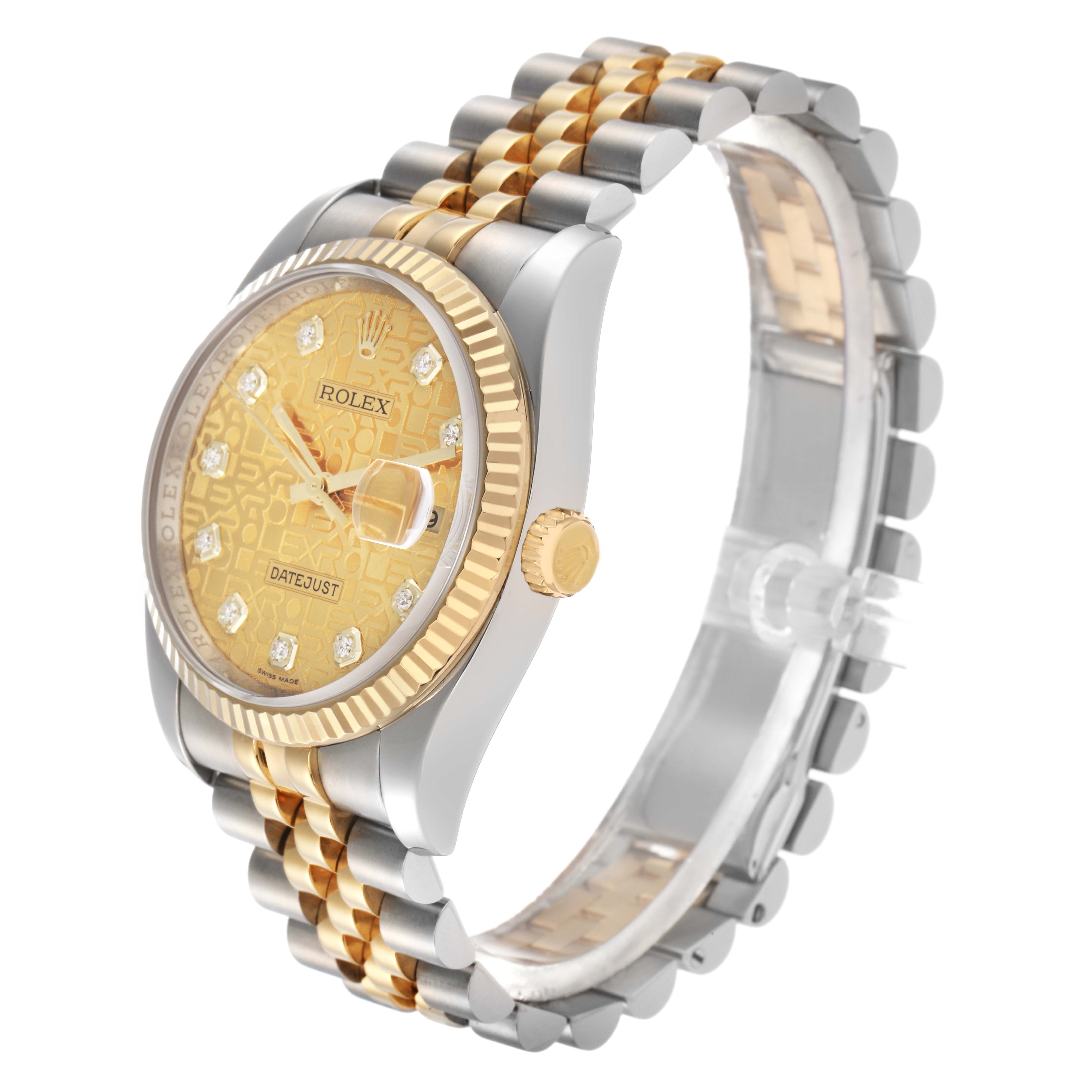 The Rolex Datejust 116233 Men's Steel and Gold (two tone) Champagne Dial 116233 Men's Steel and Gold (two tone) Champagne Dial watch is shown at an angled side view, highlighting the case, dial, bezel, crown, and bracelet.