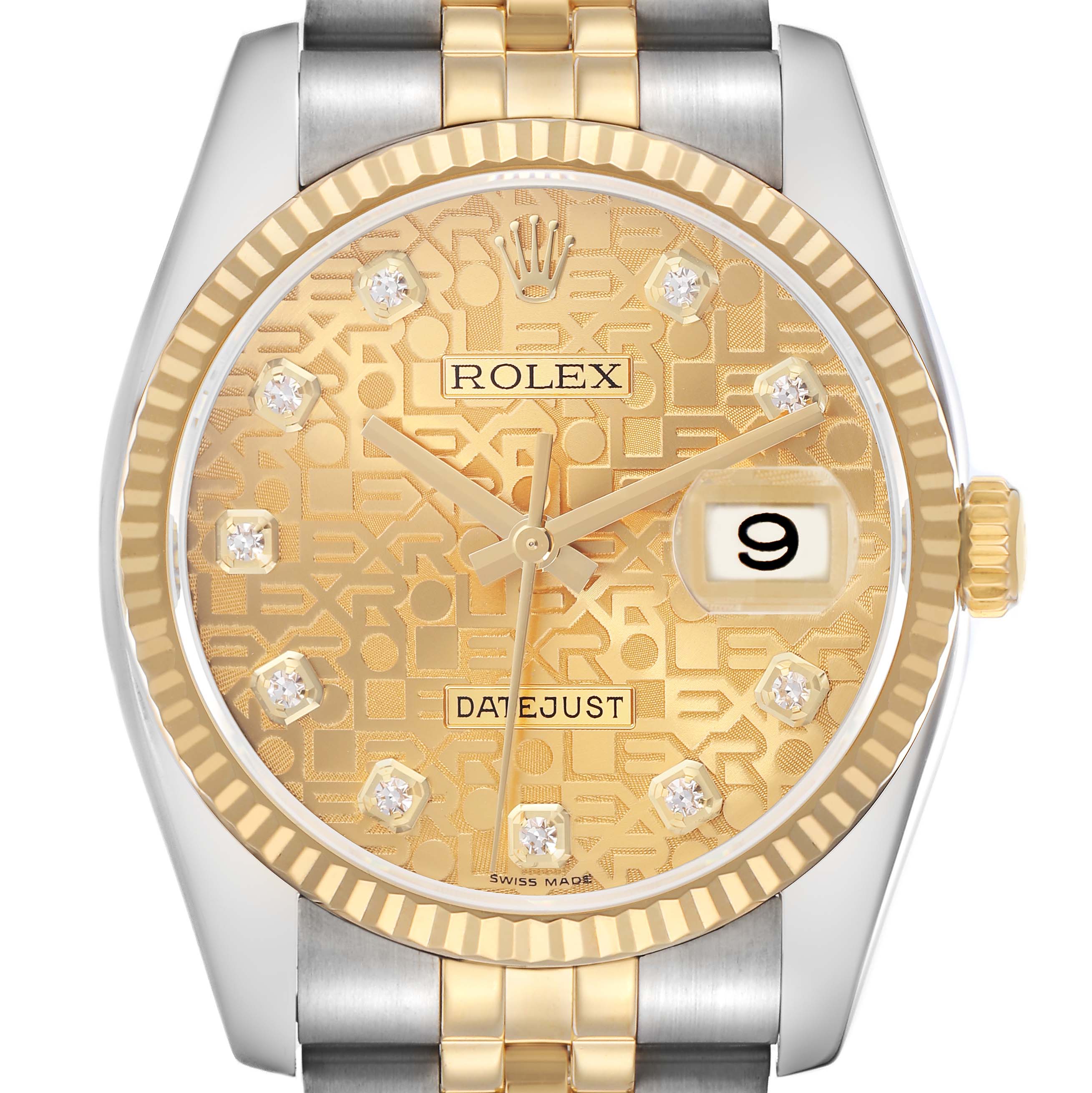 The Rolex Datejust 116233 Men's Steel and Gold (two tone) Champagne Dial 116233 Men's Steel and Gold (two tone) Champagne Dial watch is shown from the front, highlighting its gold patterned dial, date feature, and diamond hour markers.