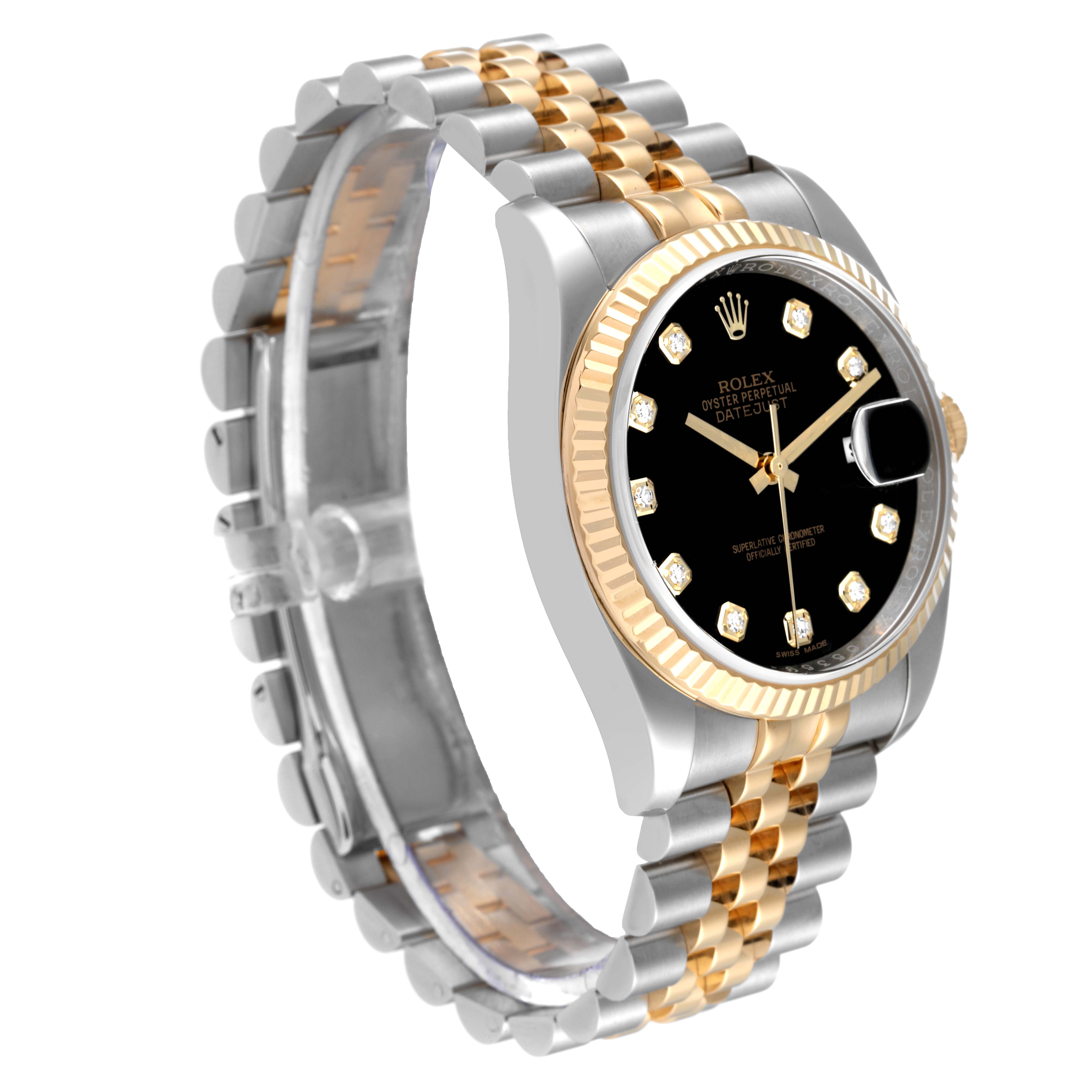 This image shows a Rolex Datejust 116233 Men's Steel and Gold (two tone) Black Dial 116233 Men's Steel and Gold (two tone) Black Dial watch at a three-quarter angle, highlighting its black dial, fluted bezel, and two-tone bracelet.