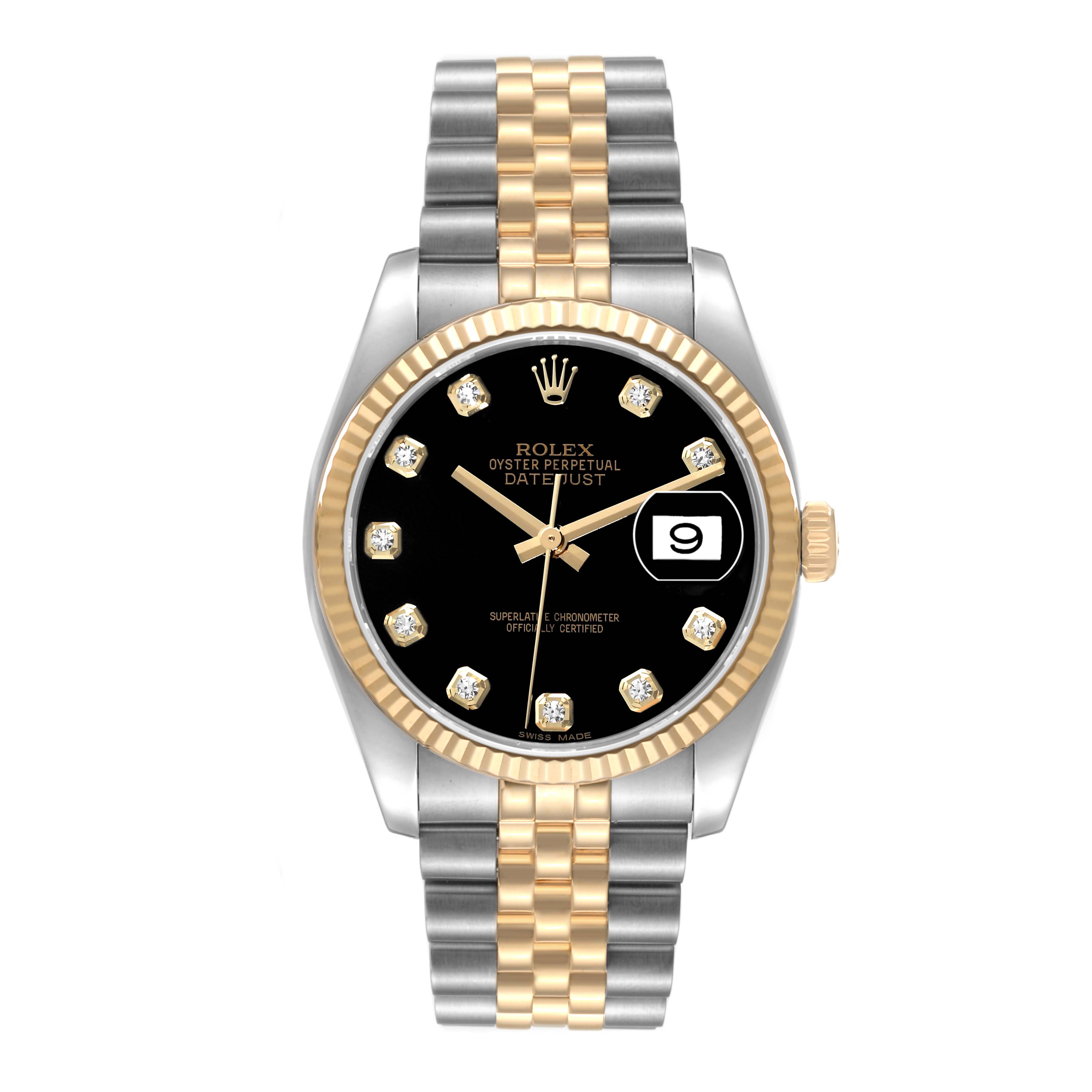 The image shows a front view of a Rolex Datejust 116233 Men's Steel and Gold (two tone) Black Dial 116233 Men's Steel and Gold (two tone) Black Dial watch featuring a black dial, gold and silver bracelet, and a date window.