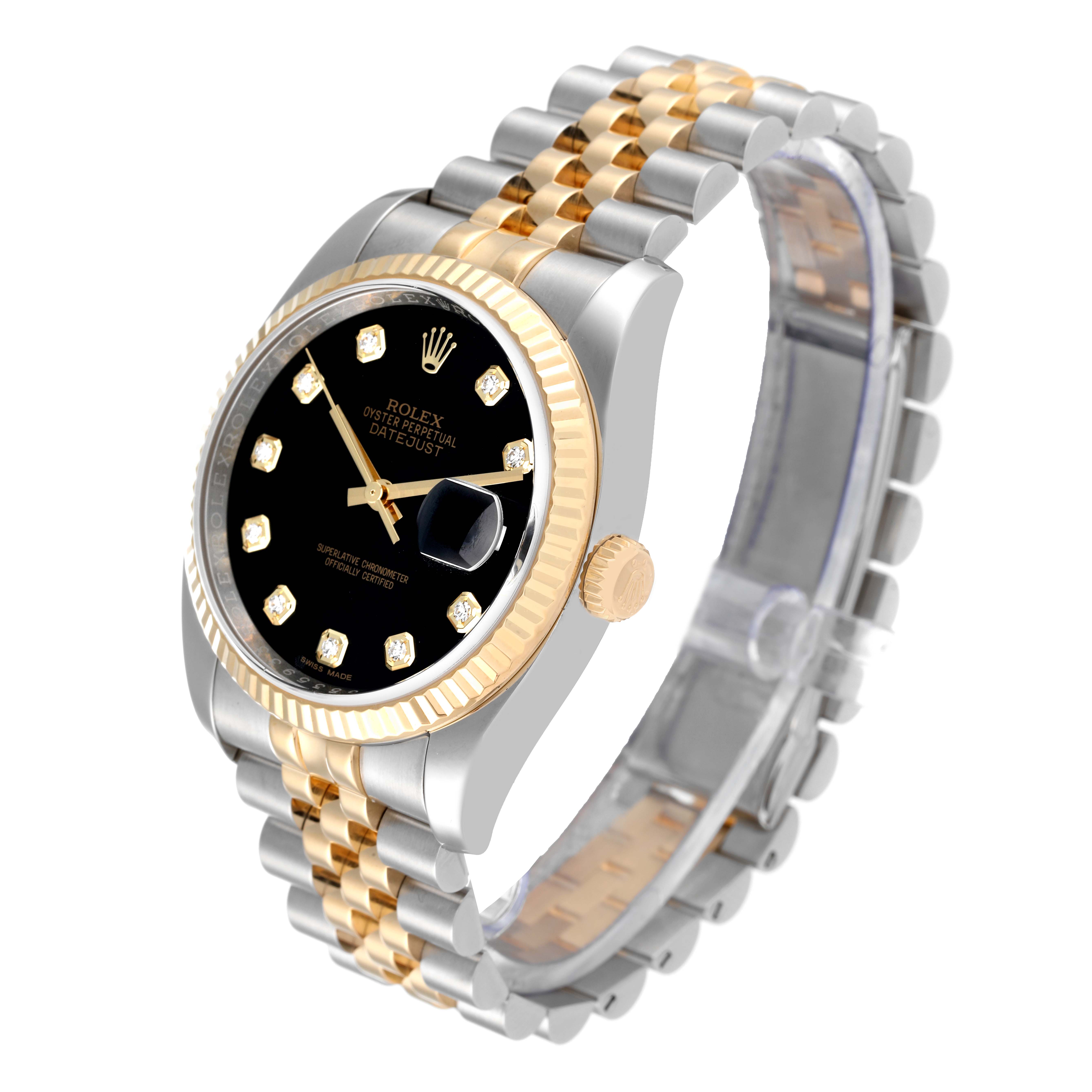 This Rolex Datejust 116233 Men's Steel and Gold (two tone) Black Dial 116233 Men's Steel and Gold (two tone) Black Dial watch is shown at an angled view, displaying its two-tone bracelet, black dial, and gold fluted bezel.