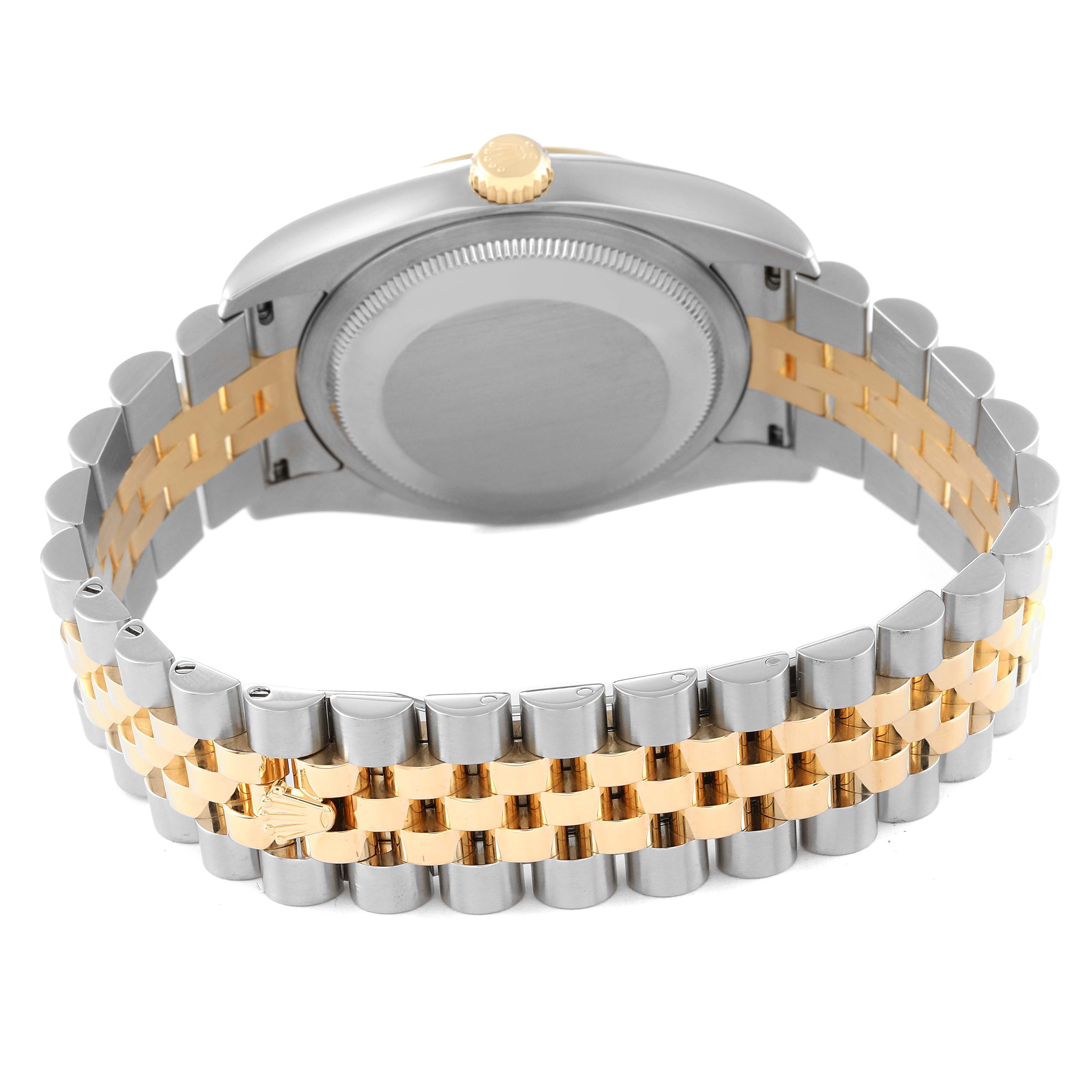 This image shows the back and bracelet of a Rolex Datejust 116233 Men's Steel and Gold (two tone) Black Dial 116233 Men's Steel and Gold (two tone) Black Dial watch at a rear angle.