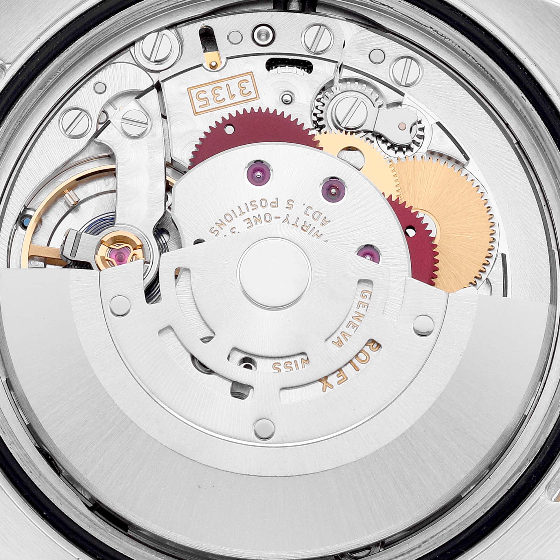 This image shows the intricate internal components of a Rolex Datejust 116233 Men's Steel and Gold (two tone) Black Dial 116233 Men's Steel and Gold (two tone) Black Dial model's movement from a close-up angle.