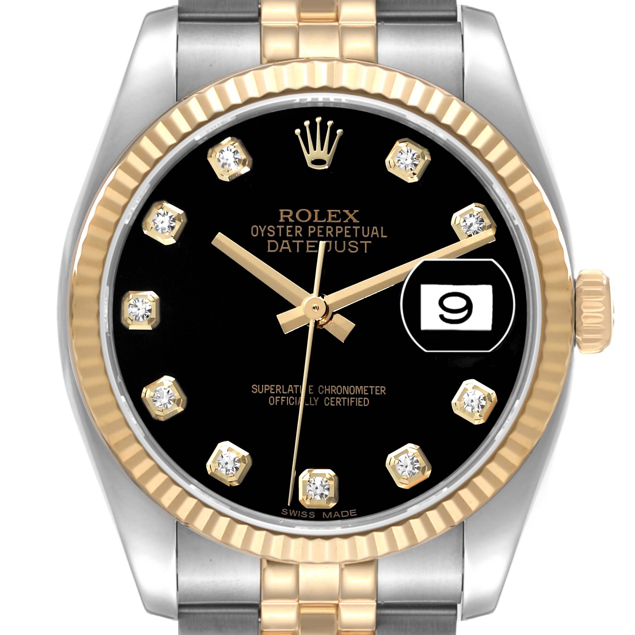 The image shows a close-up of the face and bezel of a Rolex Datejust 116233 Men's Steel and Gold (two tone) Black Dial 116233 Men's Steel and Gold (two tone) Black Dial watch, featuring a black dial with diamond hour markers and a date window.