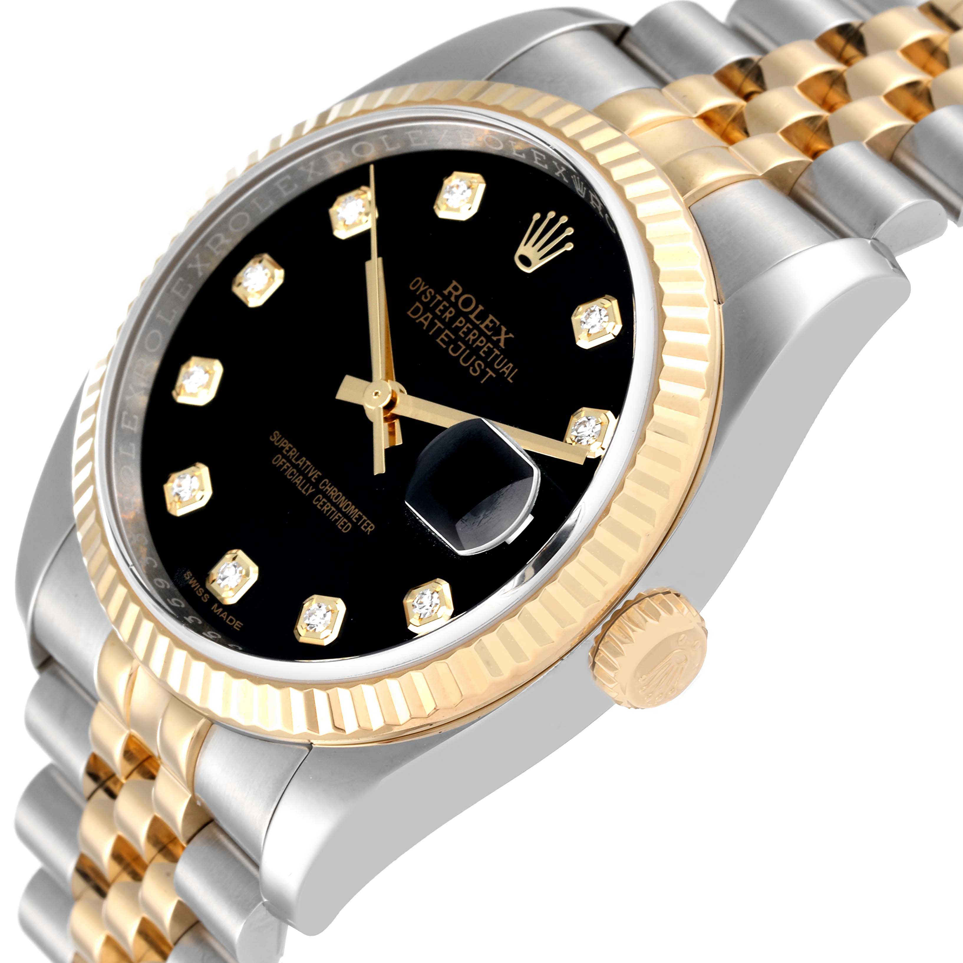 This image shows a close-up, angled view of the Rolex Datejust 116233 Men's Steel and Gold (two tone) Black Dial 116233 Men's Steel and Gold (two tone) Black Dial watch, highlighting the black dial, fluted bezel, and Jubilee bracelet.