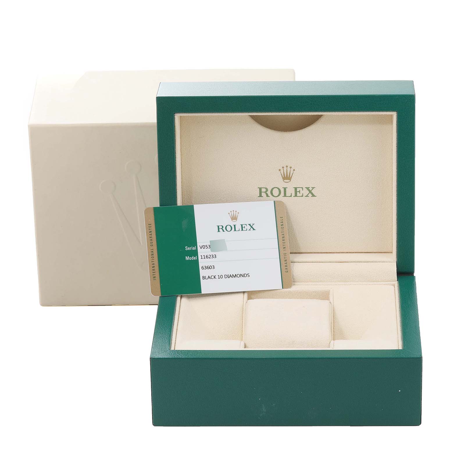 The image shows a Rolex Datejust 116233 Men's Steel and Gold (two tone) Black Dial 116233 Men's Steel and Gold (two tone) Black Dial watch box with an authenticity card placed on top.