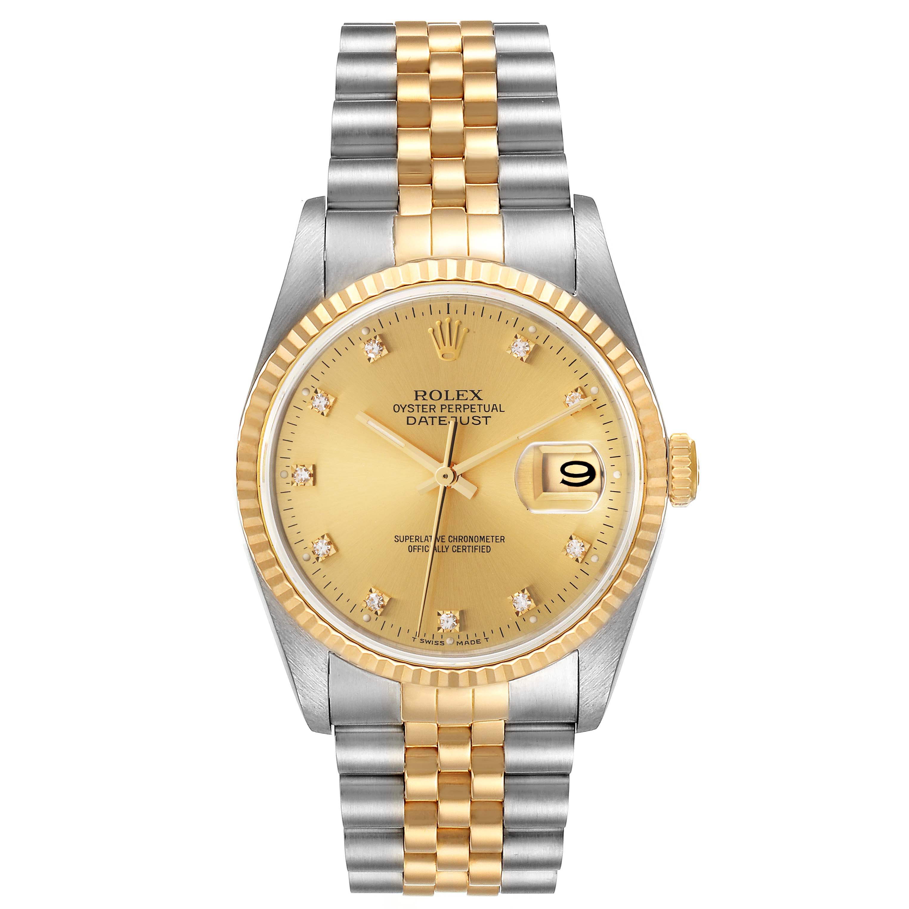 The image shows a front view of a Rolex Datejust 16233 Men's Steel and Gold (two tone) Champagne Dial 16233 Men's Steel and Gold (two tone) Champagne Dial watch, featuring its dial, bezel, case, and bracelet.