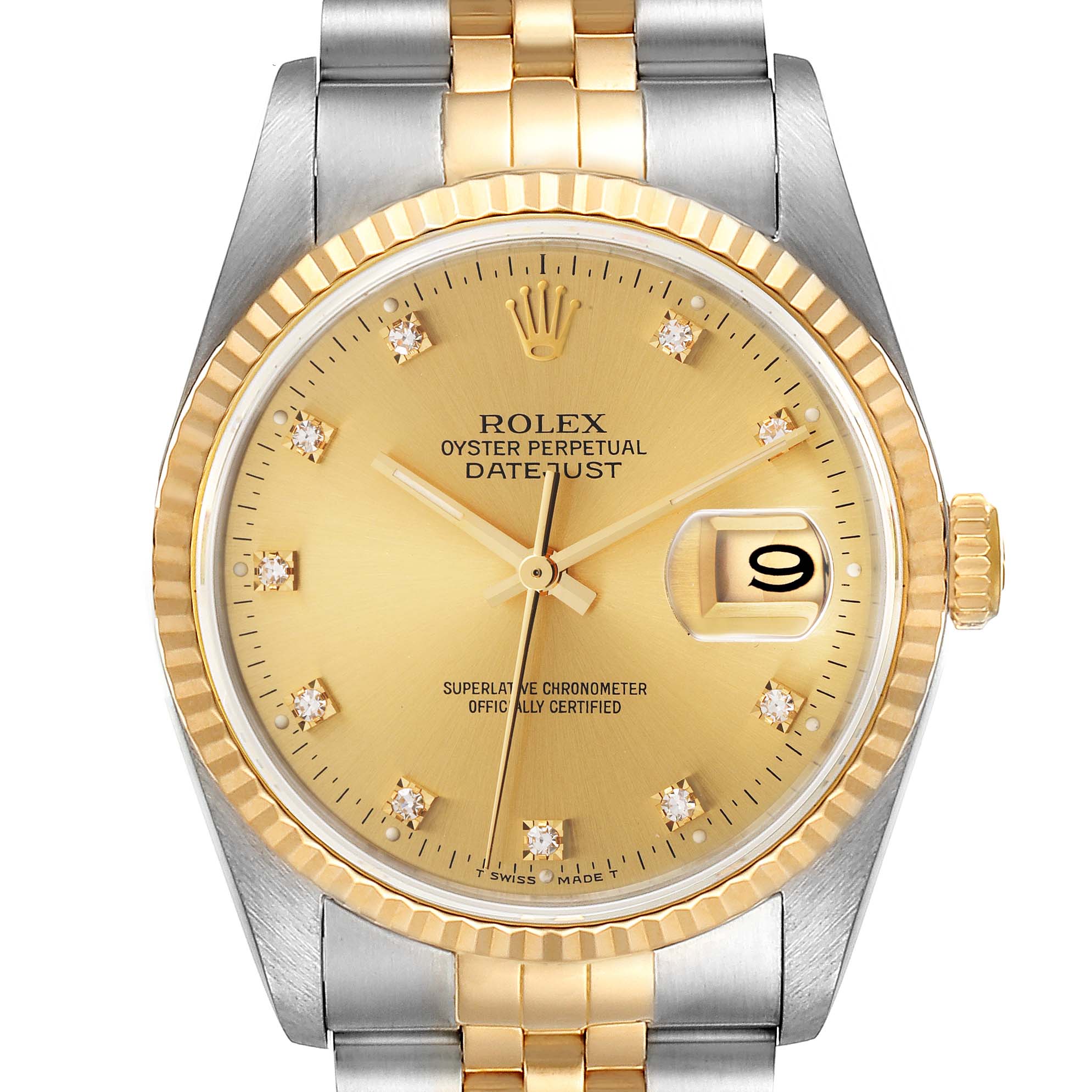 This image shows a front view of a Rolex Datejust 16233 Men's Steel and Gold (two tone) Champagne Dial 16233 Men's Steel and Gold (two tone) Champagne Dial watch, displaying the face, bezel, crown, and part of the bracelet.