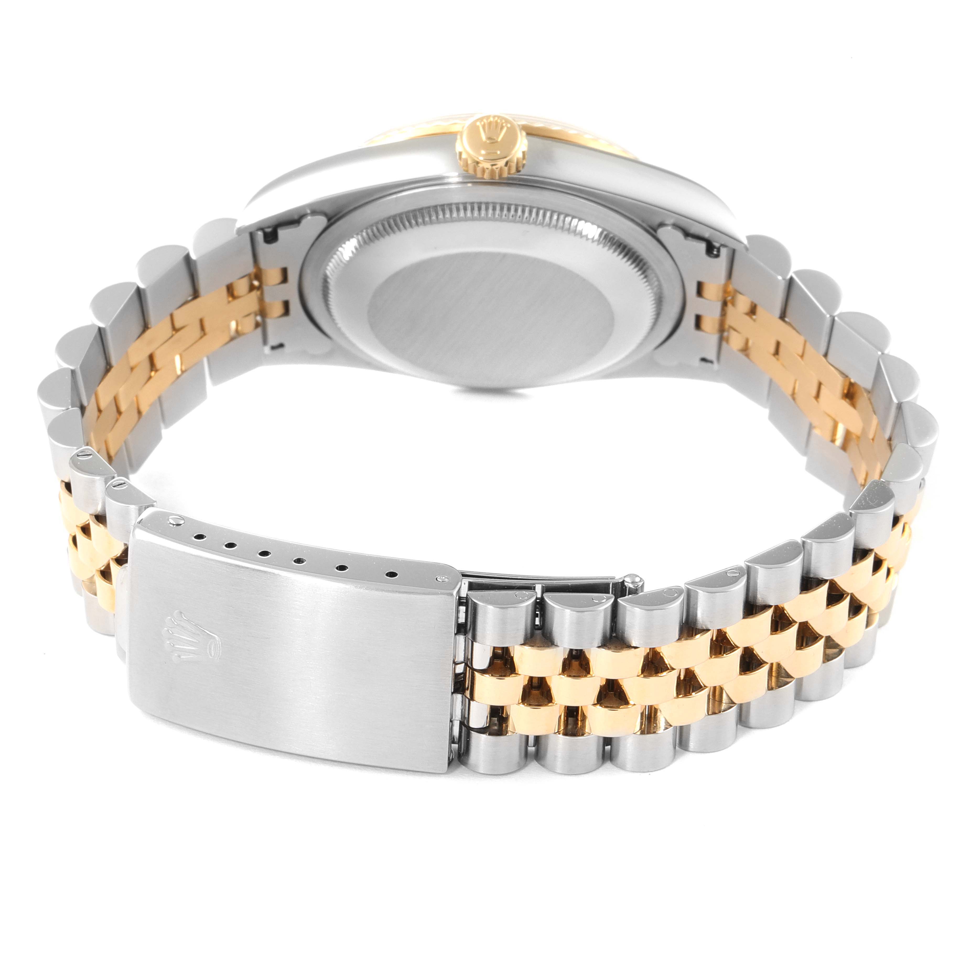 This image shows the back view of a Rolex Datejust 16233 Men's Steel and Gold (two tone) Champagne Dial 16233 Men's Steel and Gold (two tone) Champagne Dial watch, highlighting the bracelet and clasp.