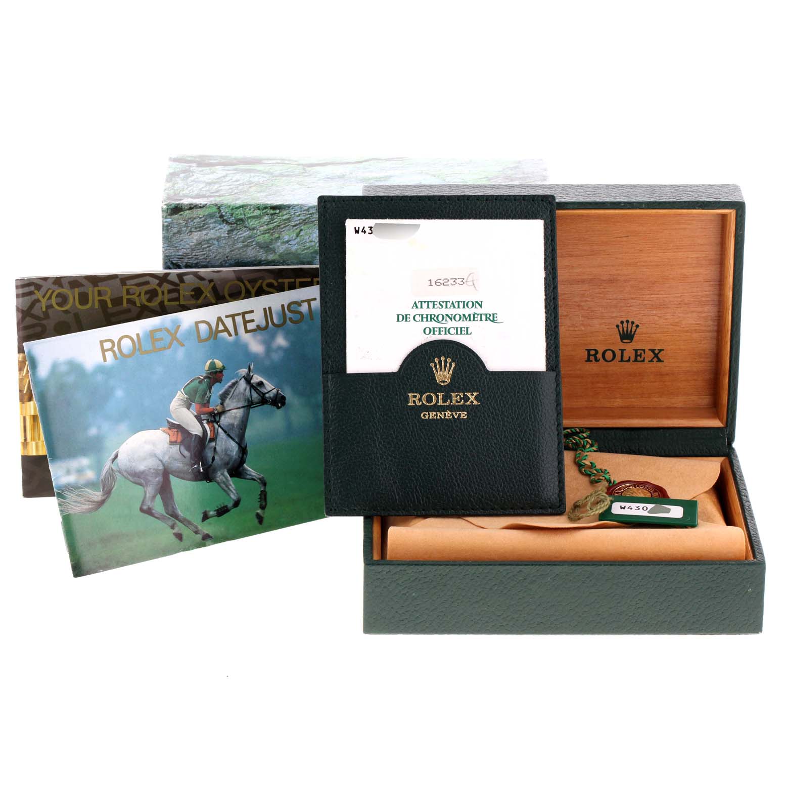 The image shows the box, booklets, and certification for a Rolex Datejust 16233 Men's Steel and Gold (two tone) Champagne Dial 16233 Men's Steel and Gold (two tone) Champagne Dial watch.