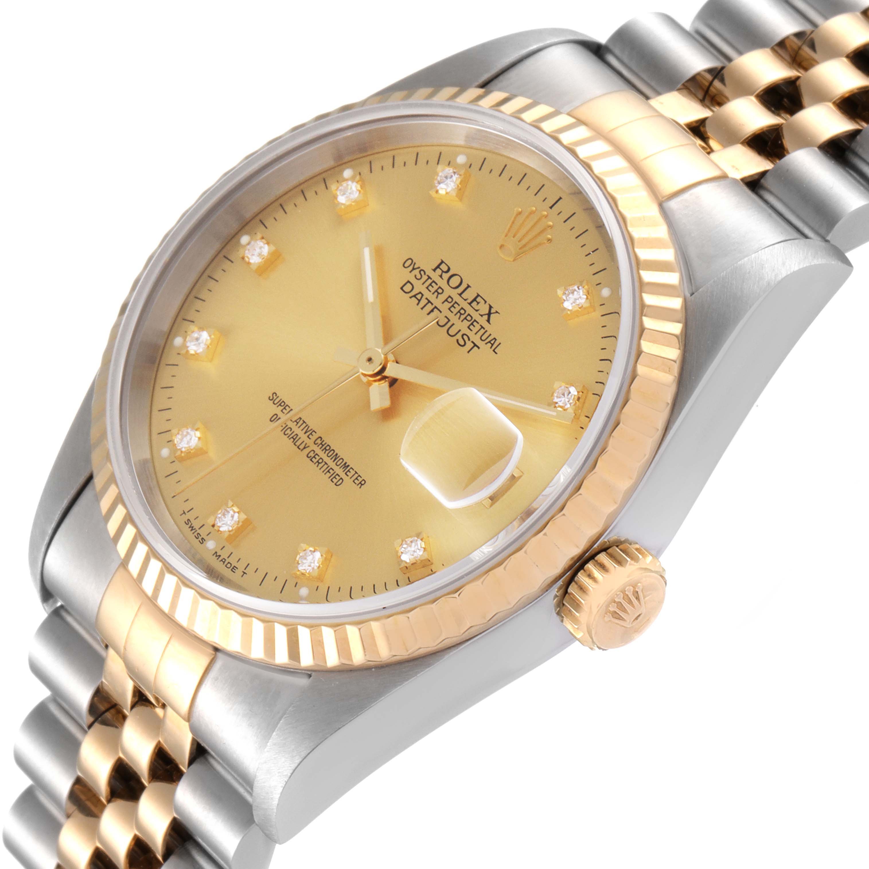 The image shows a close-up angled view of a Rolex Datejust 16233 Men's Steel and Gold (two tone) Champagne Dial 16233 Men's Steel and Gold (two tone) Champagne Dial watch face, bezel, and part of the two-tone bracelet.
