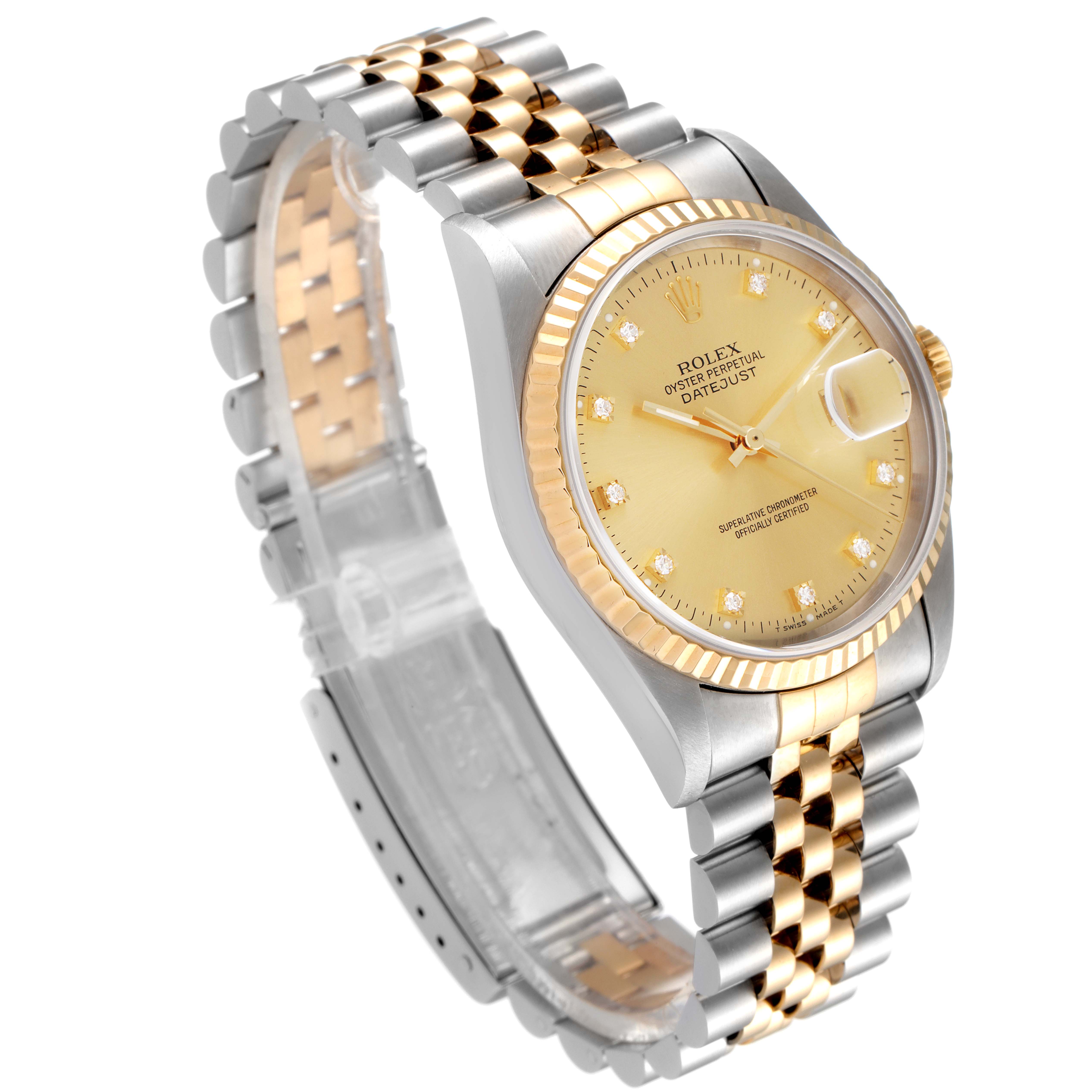 This Rolex Datejust 16233 Men's Steel and Gold (two tone) Champagne Dial 16233 Men's Steel and Gold (two tone) Champagne Dial watch is shown at an angle displaying the face, bezel, crown, and the two-tone jubilee bracelet.