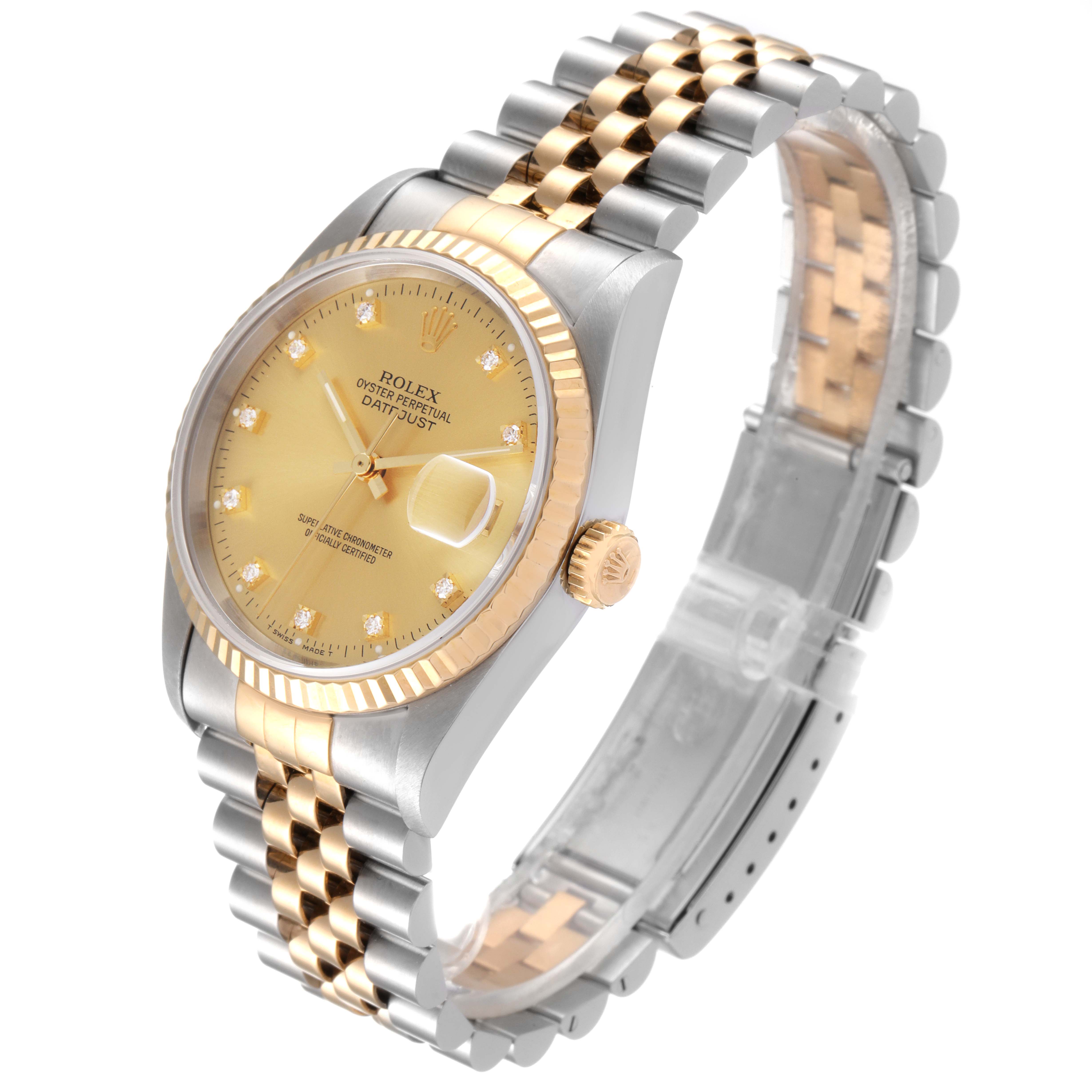 The image shows an angled front view of a Rolex Datejust 16233 Men's Steel and Gold (two tone) Champagne Dial 16233 Men's Steel and Gold (two tone) Champagne Dial watch, highlighting the dial, bezel, crown, and bracelet.