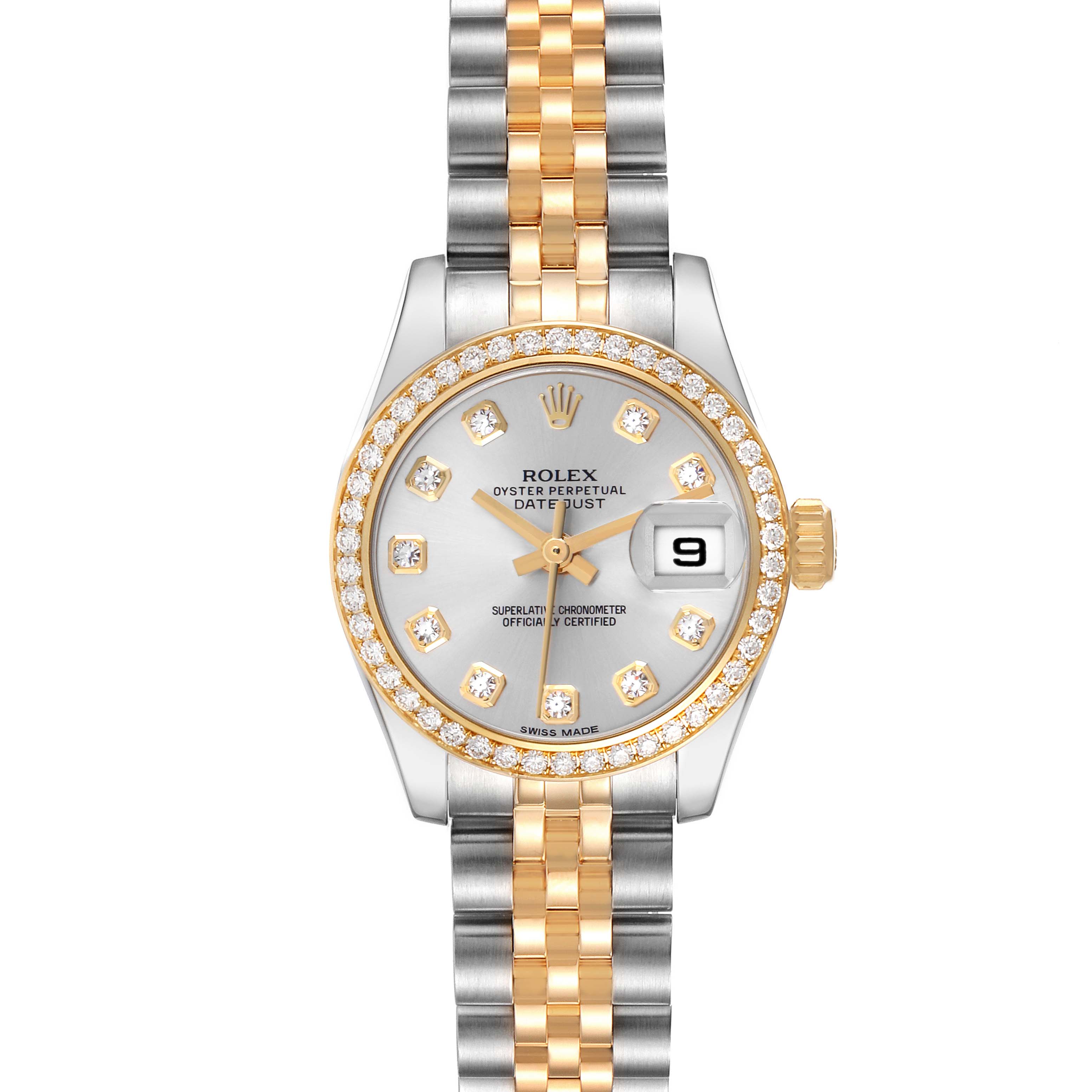 The Rolex Datejust 179383G Women's Steel and Gold (two tone) Silver Dial 179383G Women's Steel and Gold (two tone) Silver Dial watch is shown from a top view, displaying its two-tone bracelet, diamond bezel, and date window.