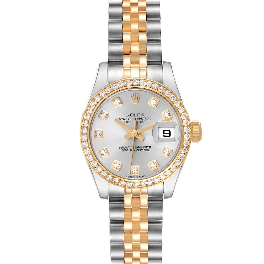 The Rolex Datejust watch is shown from a top view, displaying its two-tone bracelet, diamond bezel, and date window.
