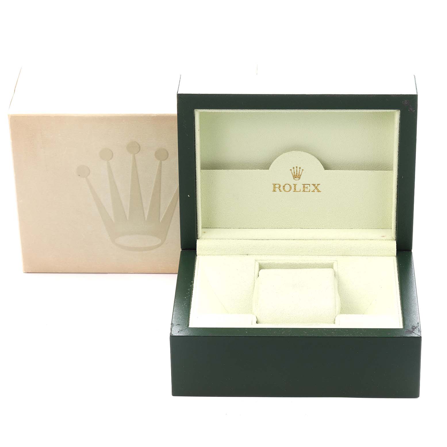 The image shows an empty Rolex Datejust 179383G Women's Steel and Gold (two tone) Silver Dial 179383G Women's Steel and Gold (two tone) Silver Dial watch box from a front angle, displaying the interior and exterior design.