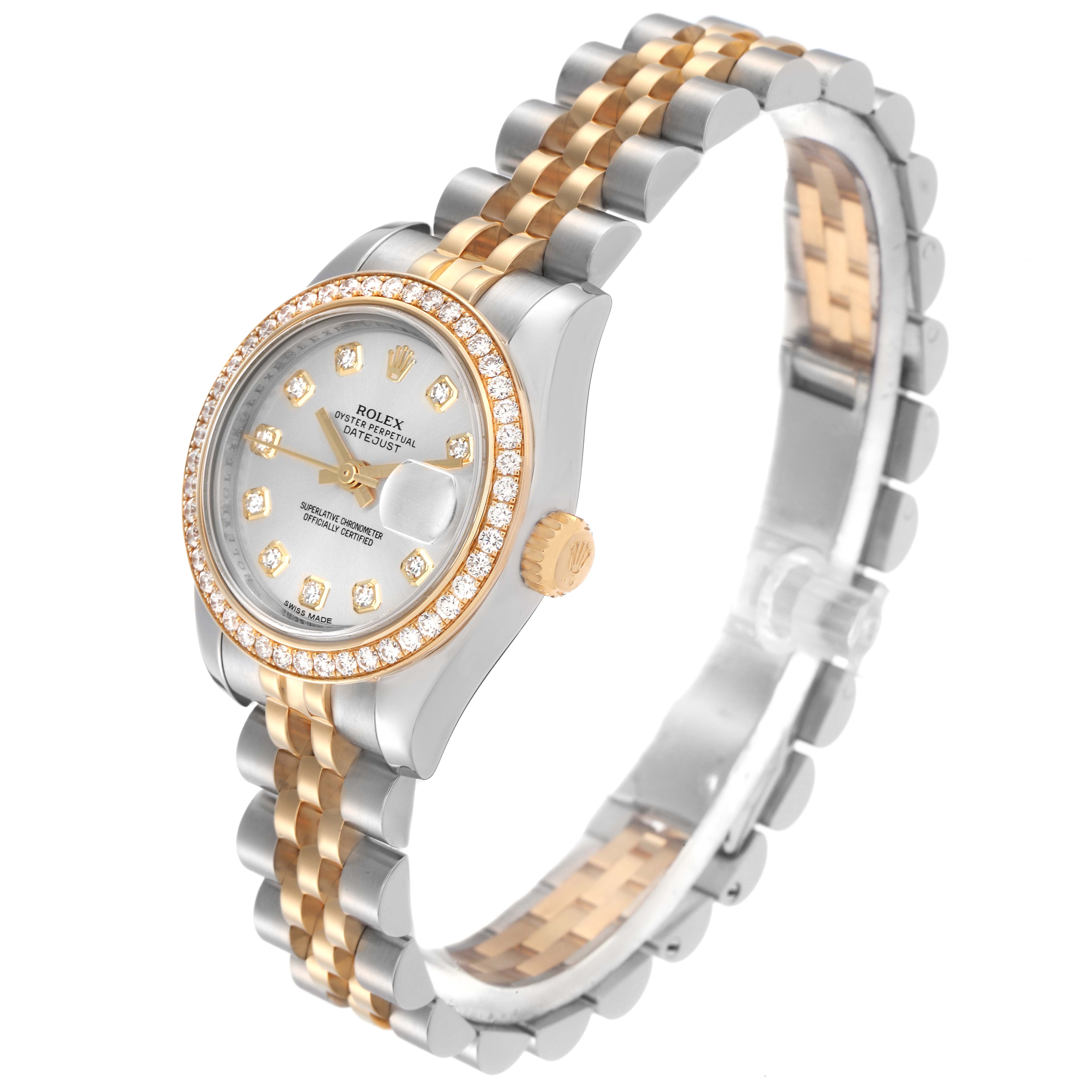 The Rolex Datejust 179383G Women's Steel and Gold (two tone) Silver Dial 179383G Women's Steel and Gold (two tone) Silver Dial watch is shown at a three-quarter angle, highlighting its bracelet, bezel, crown, and face.