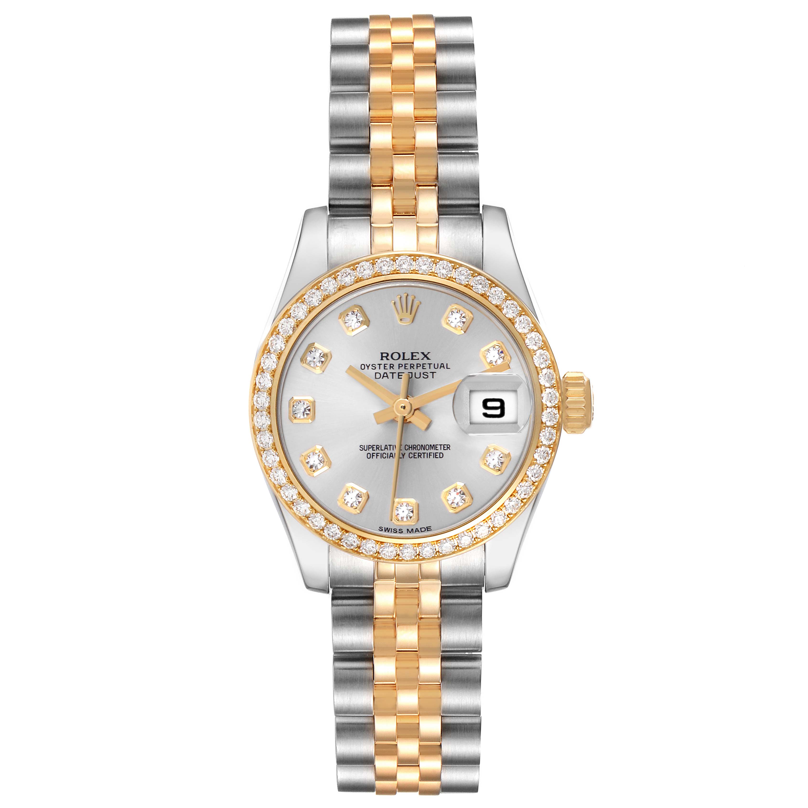 The Rolex Datejust 179383G Women's Steel and Gold (two tone) Silver Dial 179383G Women's Steel and Gold (two tone) Silver Dial is shown from a top-down angle, highlighting the watch face, bezel, and two-tone bracelet.