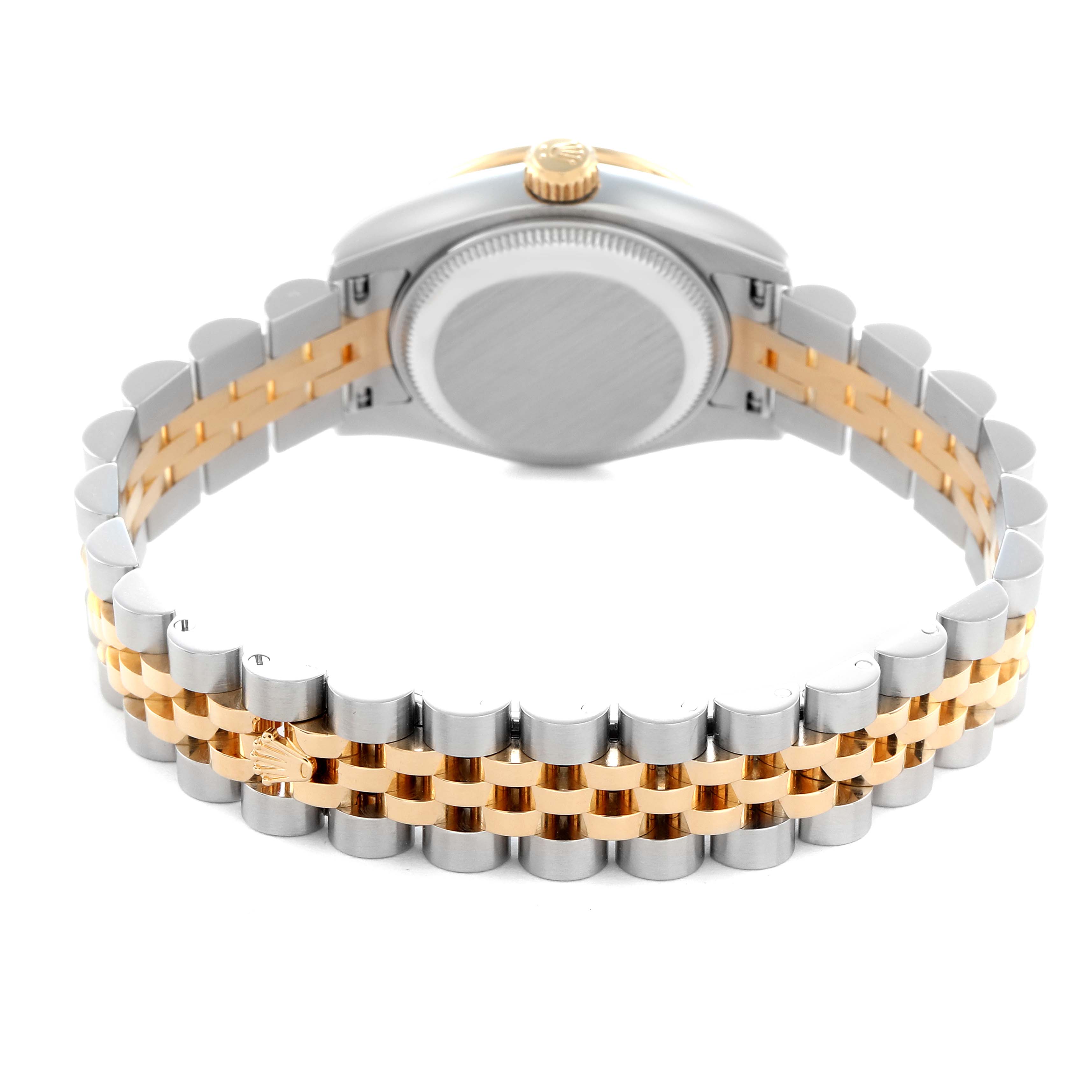 The image shows the back of the Rolex Datejust 179383G Women's Steel and Gold (two tone) Silver Dial 179383G Women's Steel and Gold (two tone) Silver Dial watch, highlighting the case back and Jubilee bracelet with two-tone links.