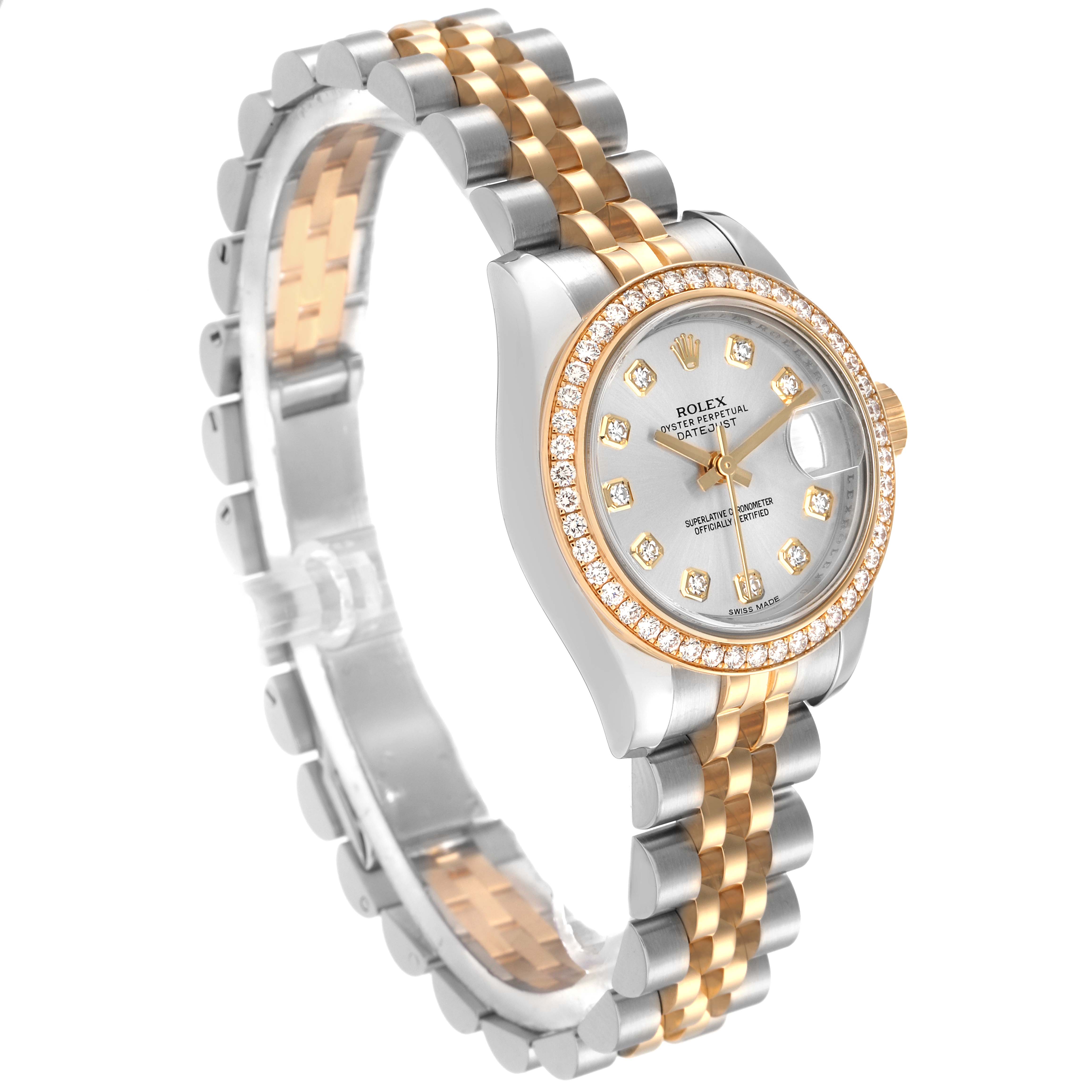 The Rolex Datejust 179383G Women's Steel and Gold (two tone) Silver Dial 179383G Women's Steel and Gold (two tone) Silver Dial is shown at an angled view, featuring a diamond-set bezel and two-tone bracelet.