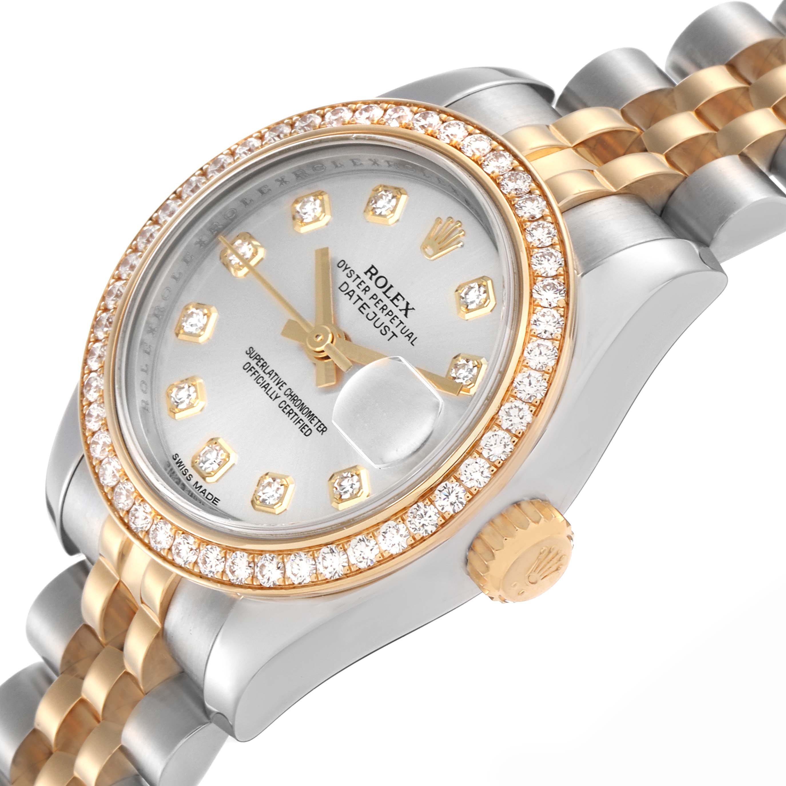 The Rolex Datejust 179383G Women's Steel and Gold (two tone) Silver Dial 179383G Women's Steel and Gold (two tone) Silver Dial watch is shown at a tilted angle highlighting the dial, diamond bezel, crown, and two-tone bracelet.
