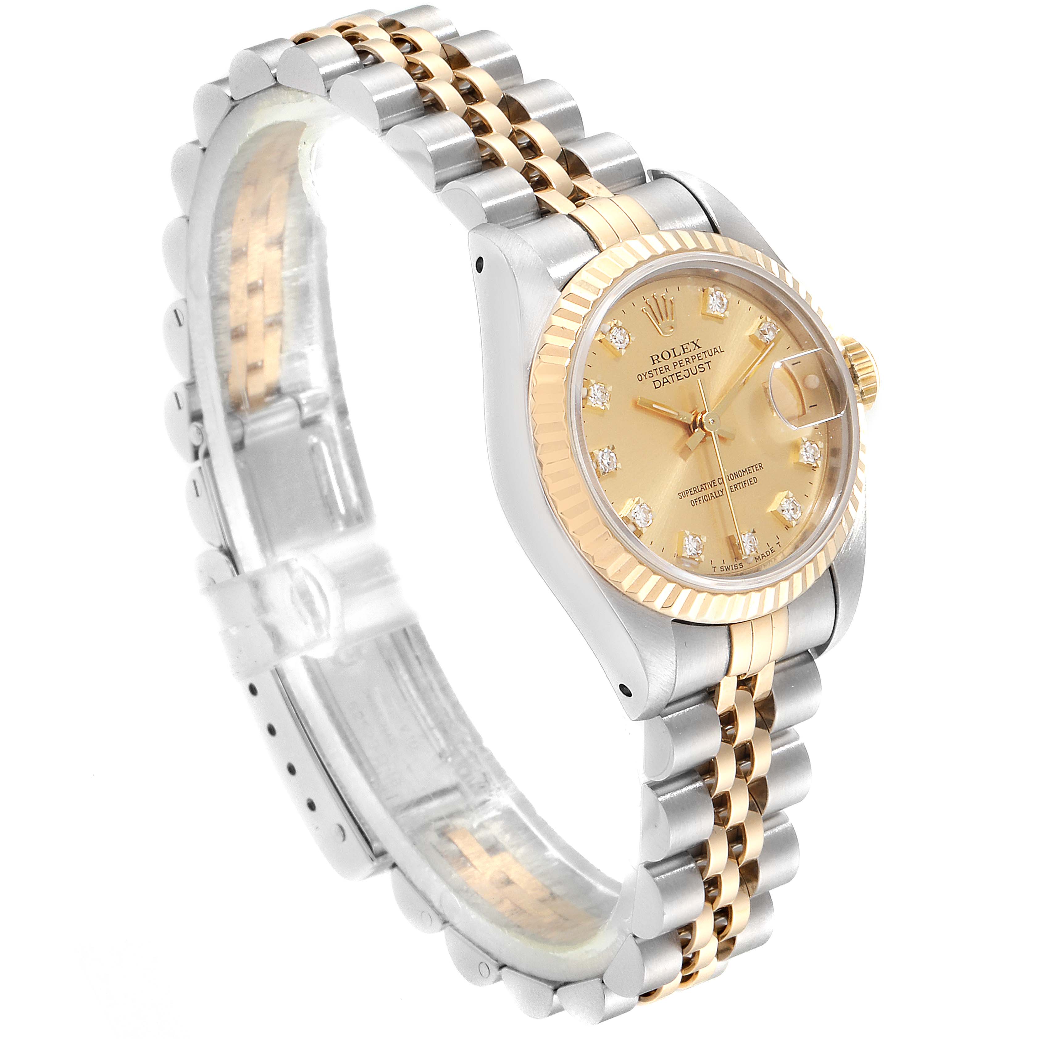 This image shows a side angle of a Rolex Datejust 69173  Women
s Steel and Gold (two tone) Champagne Dial 69173  Women
s Steel and Gold (two tone) Champagne Dial watch, highlighting its face, bezel, and two-tone bracelet.