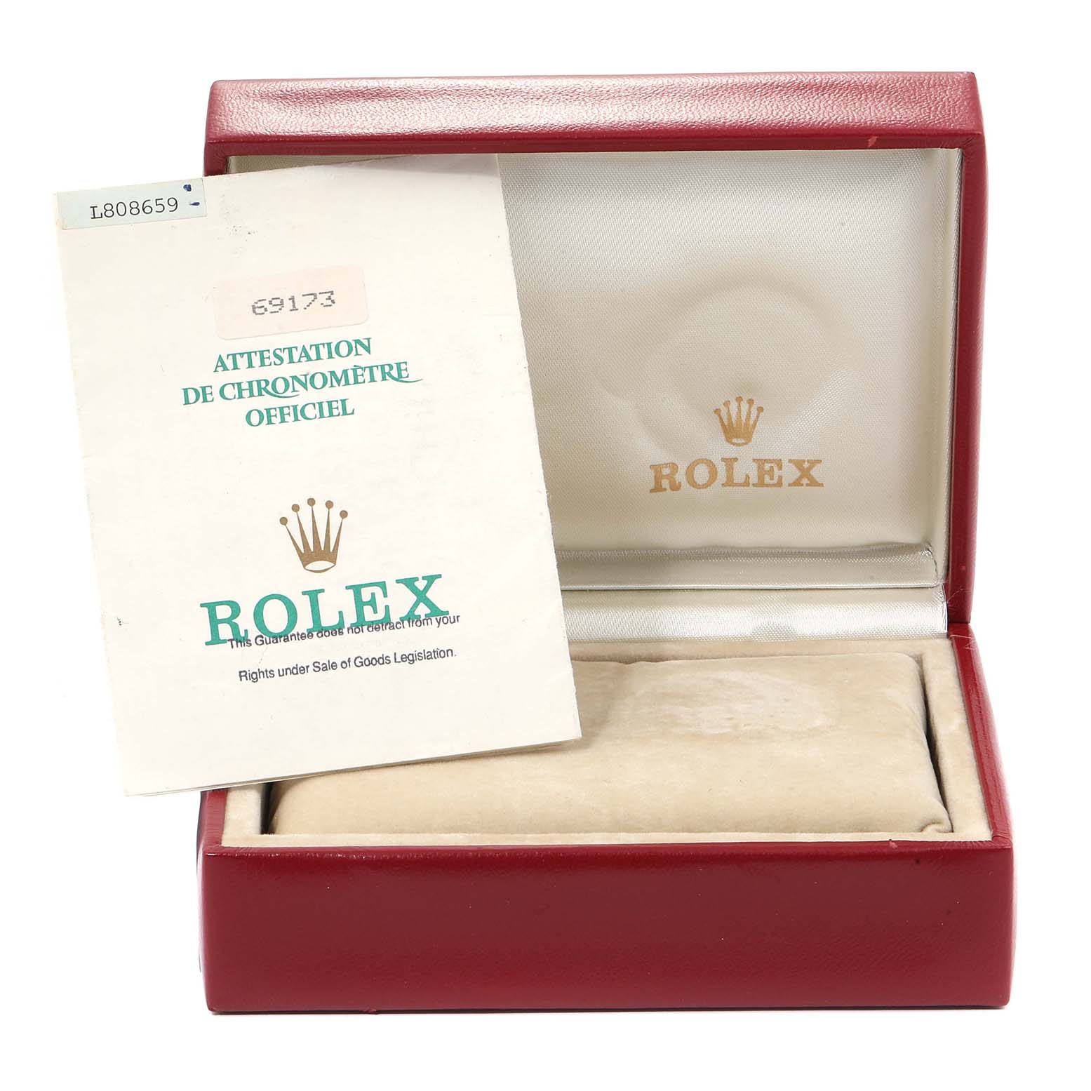 The image shows the Rolex Datejust 69173  Women
s Steel and Gold (two tone) Champagne Dial 69173  Women
s Steel and Gold (two tone) Champagne Dial watch
s red box and official documentation. The watch is not visible.