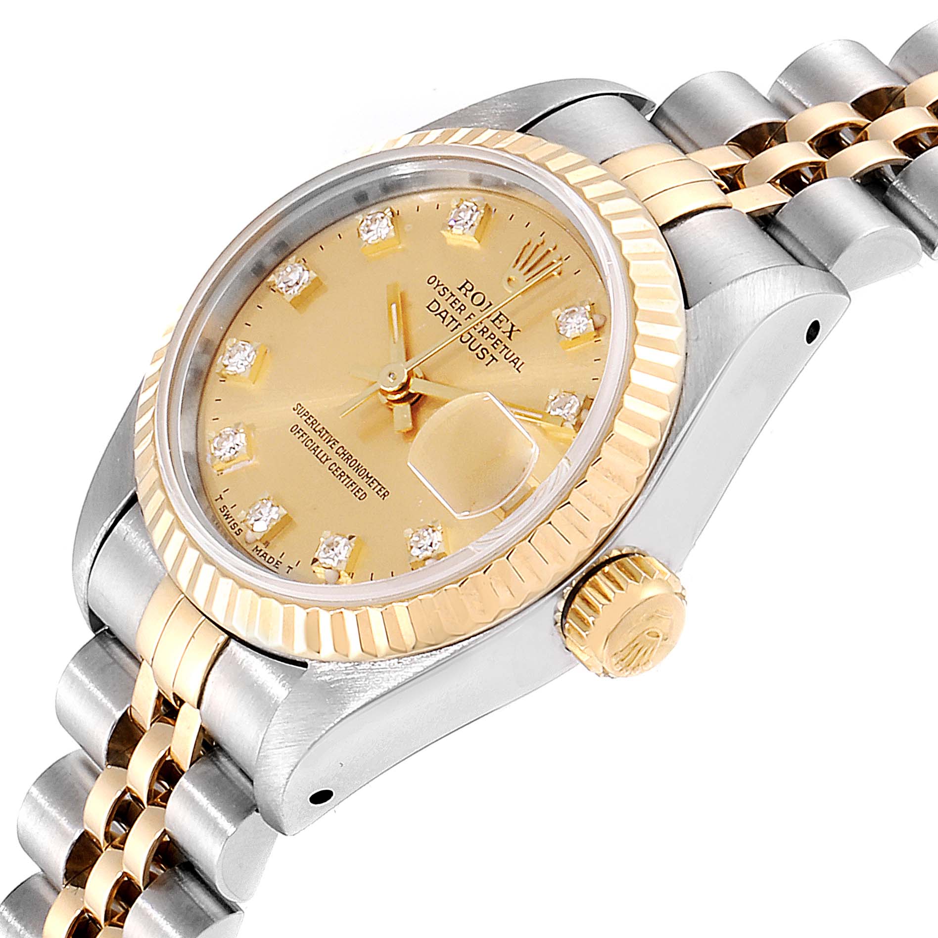 This image shows a close-up side view of a Rolex Datejust 69173  Women
s Steel and Gold (two tone) Champagne Dial 69173  Women
s Steel and Gold (two tone) Champagne Dial watch, highlighting its gold and silver bracelet, crown, and diamond markers.
